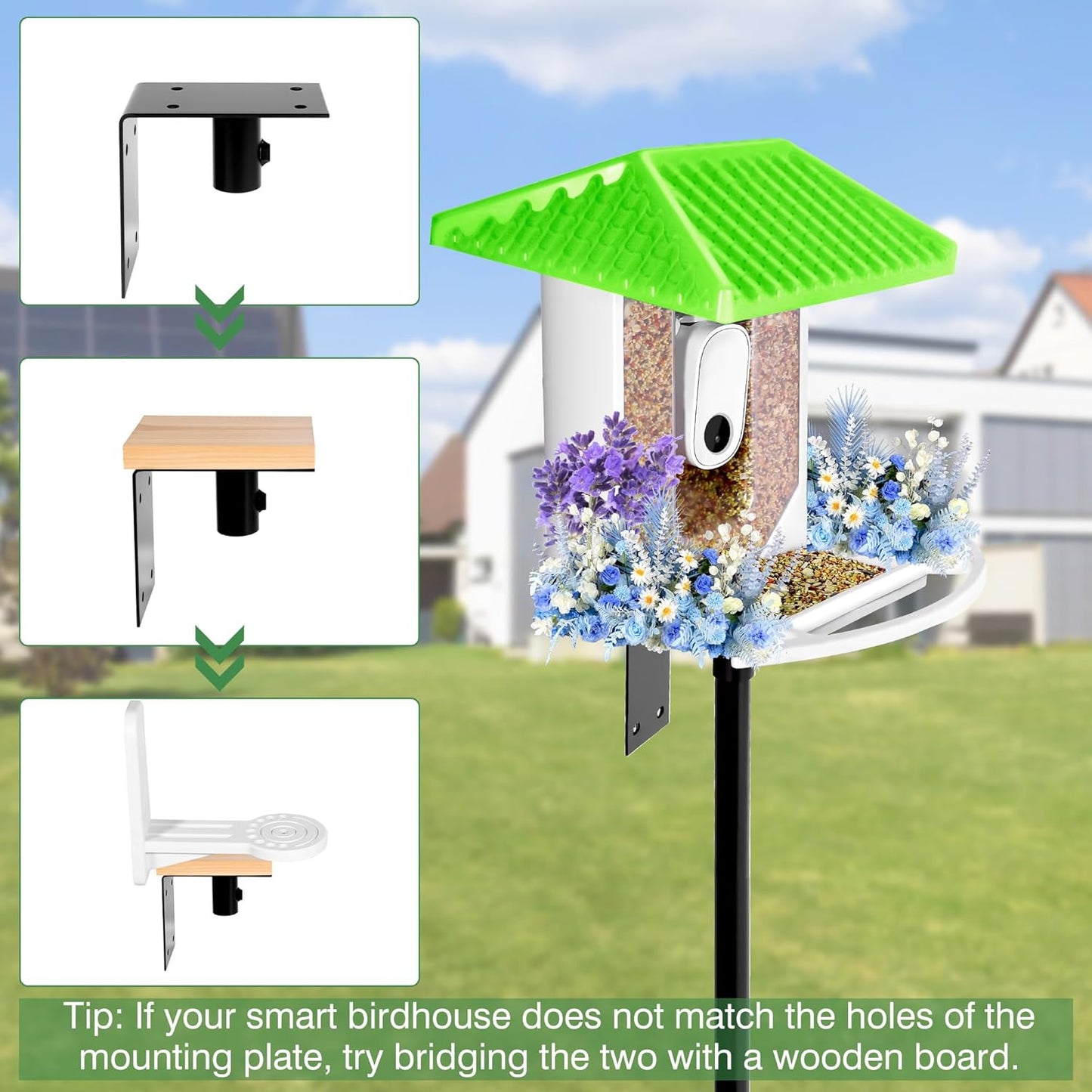 Bird House Pole, 95 Inch Heavy Duty Bird Feeder Pole Mount Kit for Outdoors, Adjustable Feeding Stand, with 2-Hooks, Metal Squirrel Baffle and 5-Prong Base, for Birds Watching