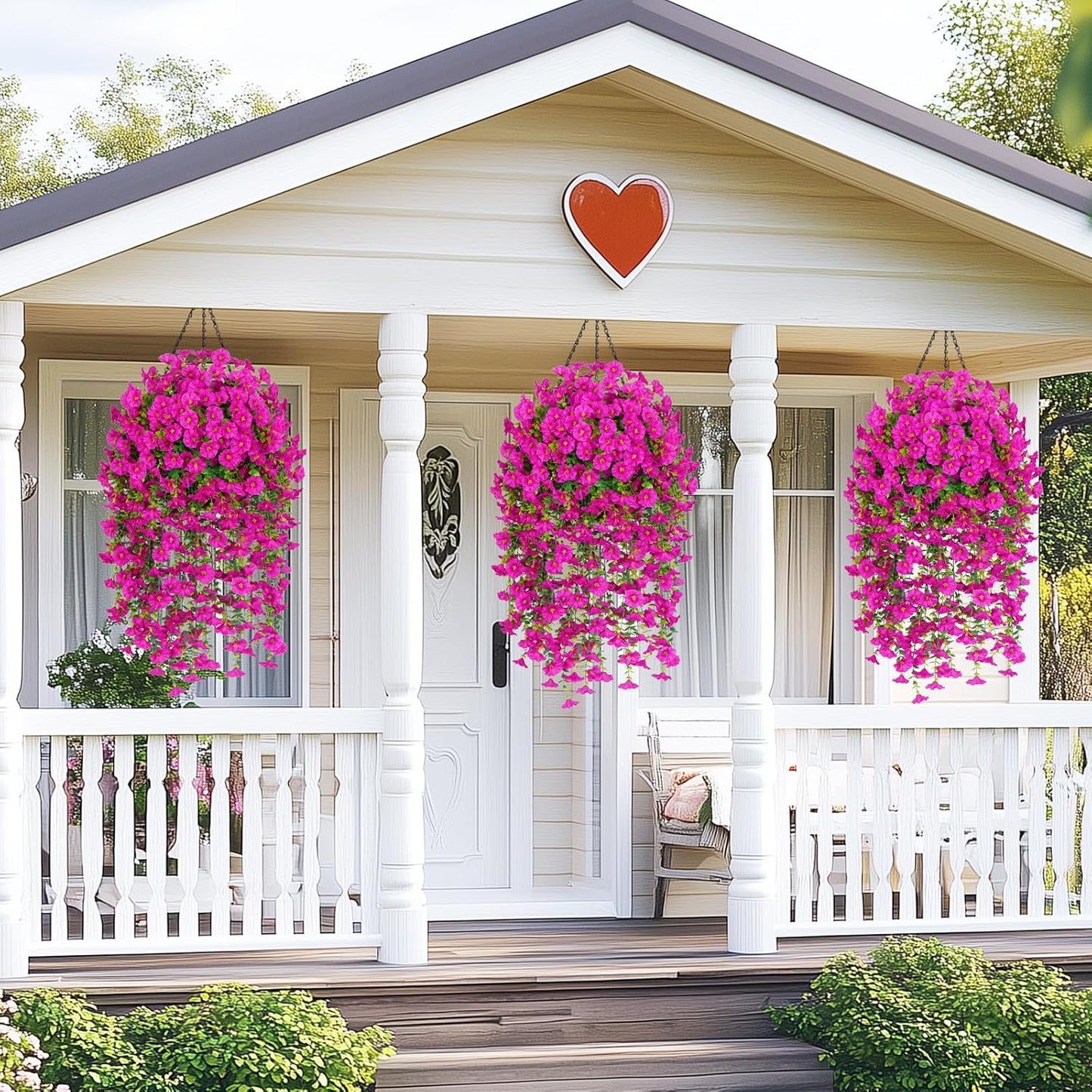 MARTINE MALL 2 Pcs Look Real Artificial Flowers for Outdoors, Realistic Artificial Hanging Flowers for Outdoors, UV Resistant Fake Hanging Plants Silk Petunia Faux Flowers for Porch Patio, Fuchsia
