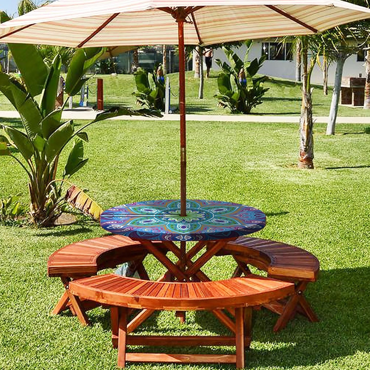Round Fitted Outdoor Tablecloth with Umbrella Hole and Zipper Vinyl Waterproof Patio Picnic Camping Essential for 45-54" Table Summer Garden Rv Organizer Gift for Camper Husband Wife