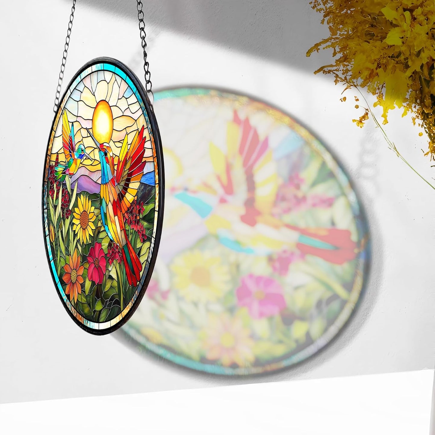 7.8'' Hummingbird Suncatcher Stained Glass Window Hanging Birds Glass Panel with Metal Chain and Hooks Suncatchers Door Home Decor Mother's Day Christmas Gift for Women Mom Nana Bird Lovers