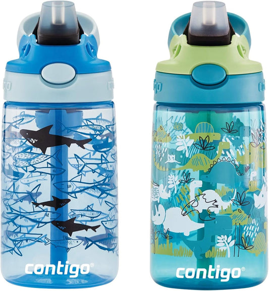 Contigo Aubrey Kids Water Bottle, 2-Pack, 14oz, Dinos & Sharks, Spill-