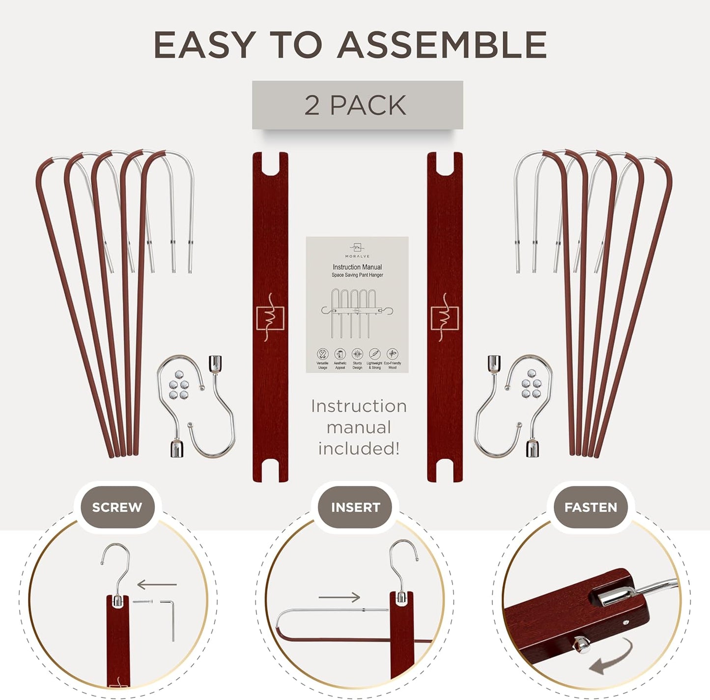 MORALVE Pants Hangers Space Saving - 2 Pack European Beechwood Scarf and Jean Hangers - Closet Organizer and Space Saver Pant Rack, Leggings Hanger, and Scarf Holder with 360° Swivel Hook