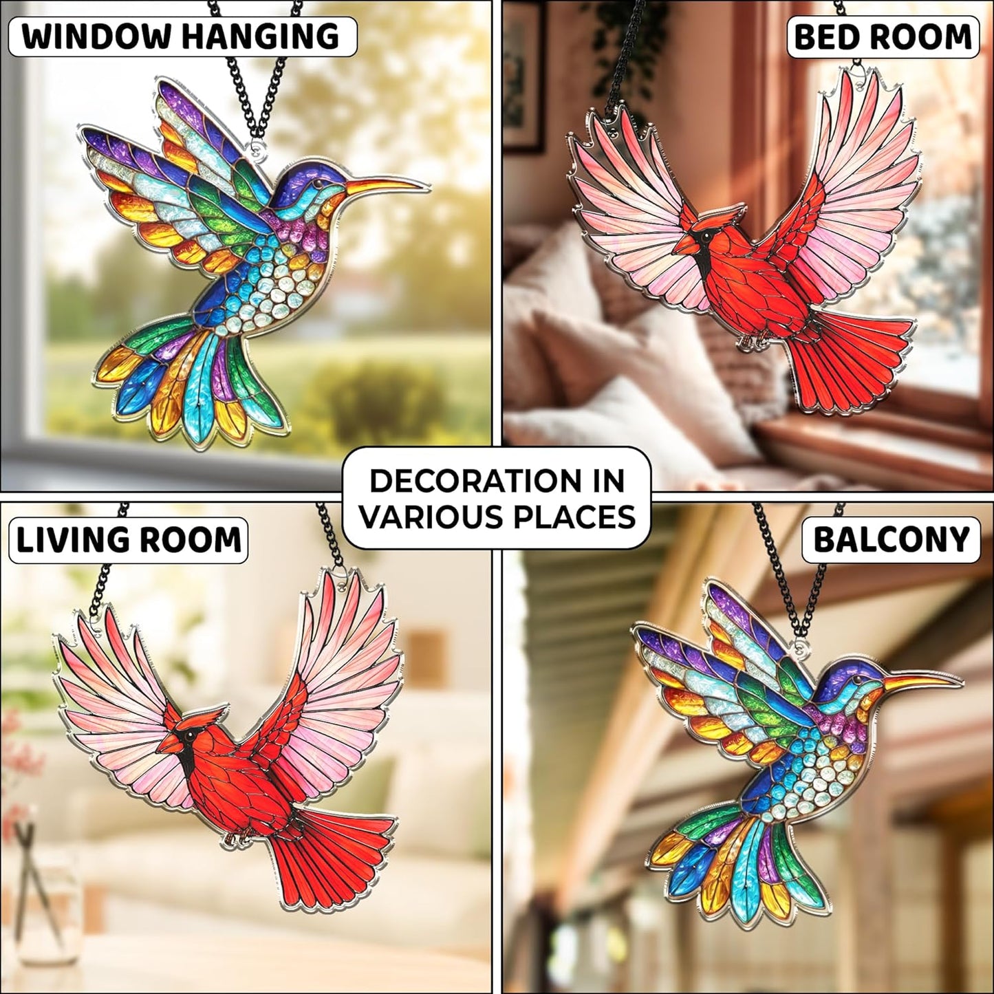 2 Cardinal Hummingbird Acrylic Suncatchers, 6" Bird Window Hanging Ornaments, Fall Decorations for Home Window Door, Birthday Christmas Bird Lover Gifts for Women, Friends, Memorial Keepsake SS351
