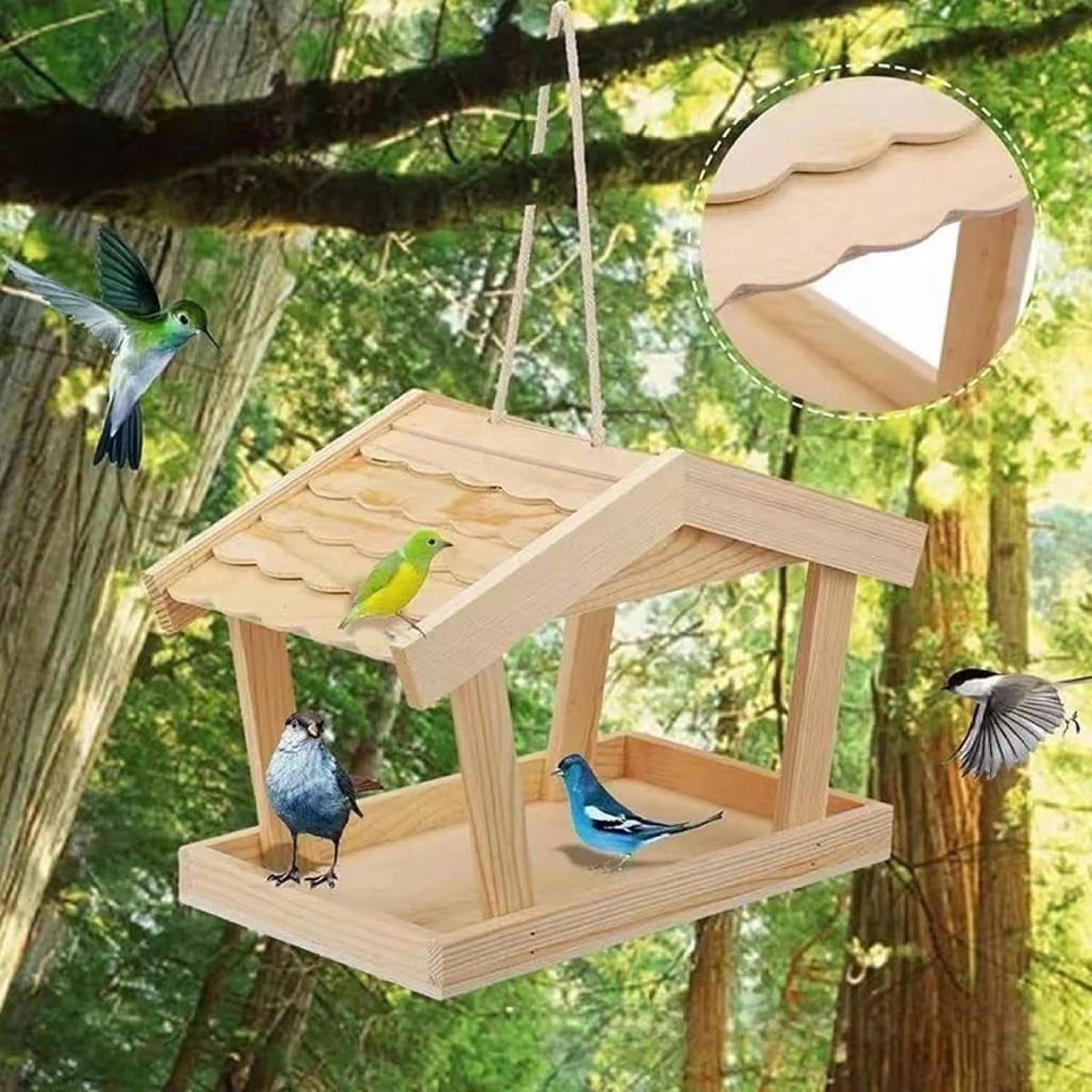 Hanging Bird Feeder, Natural Pine Wood Outdoor Bird House with Creative Roof, Seed Catcher for Wild Birds, 11.4x6.3x7.5 Inch.
