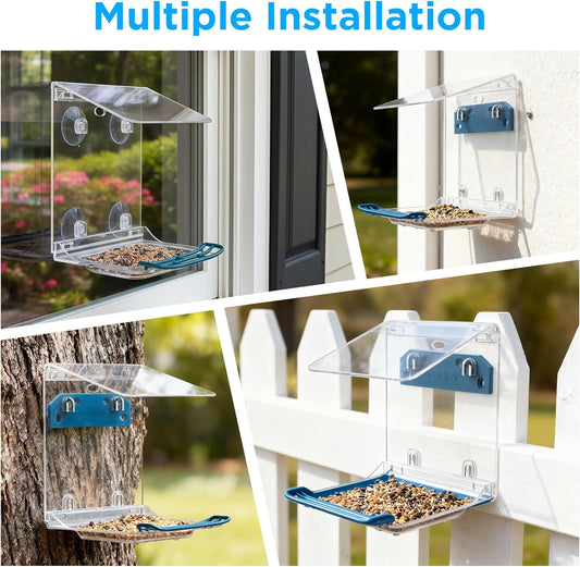 Window Bird Feeder for Outdoors with Strong Suction Cups,Sturdy and Durable Acrylic Birdfeeders for Viewing Wild Birds Outside,Mount On Window/Wall/Bird Pole Kit