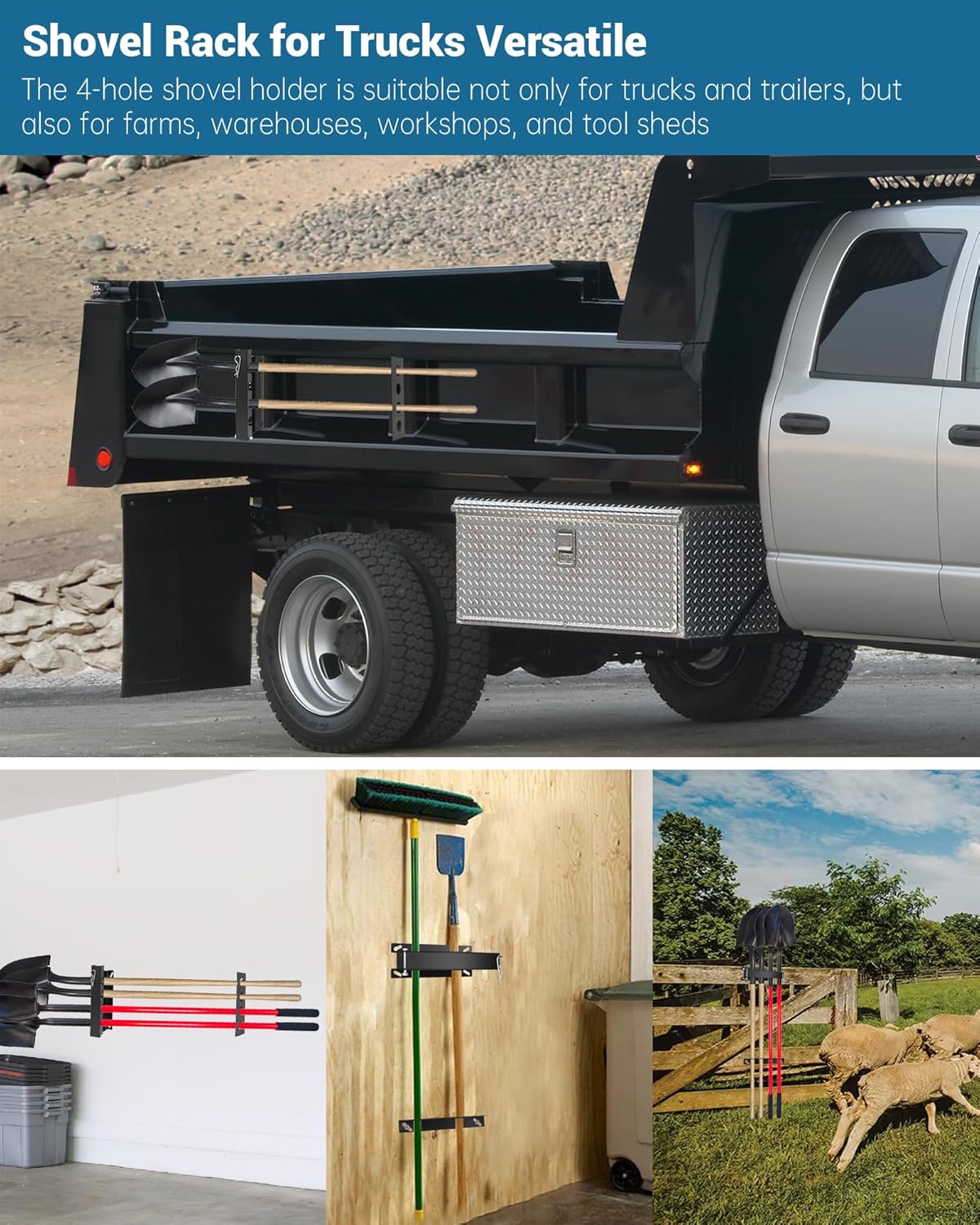 4-Hole Shovel Holder for Truck Bed, Garden Tool Holding Rack, Shovel Rack for Trailer/Truck Accommodates Diameters Up to 1.8" Rakes, Shovels, Other Garden Tools