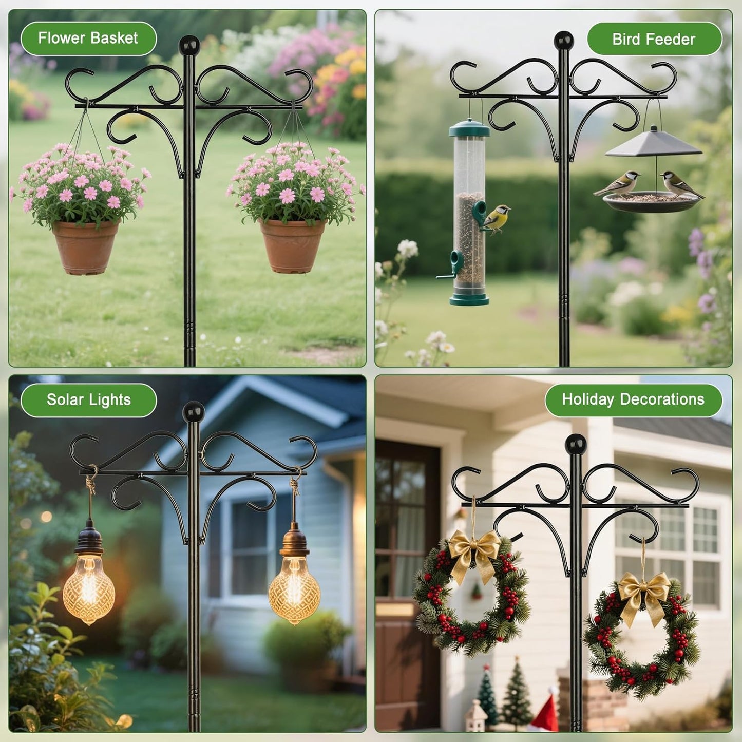 Shepherds Hook Bird Feeder Pole for Outdoor, 46 Inch Tall Heavy Duty Feeder Pole with 4 Hook for Hanging Bird Feeders, Hummingbird Feeder, Plant Baskets