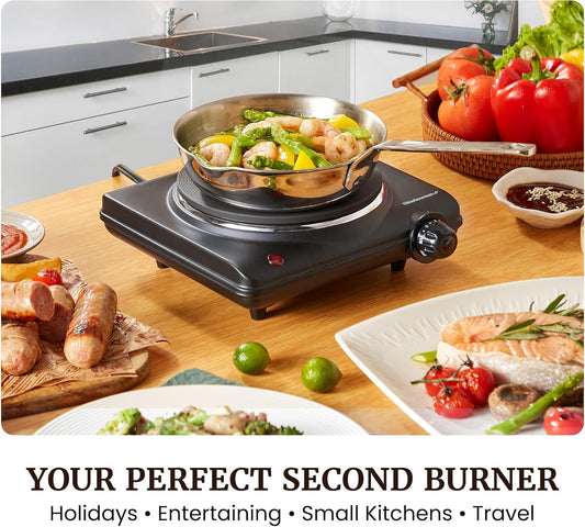 Elite Gourmet Countertop Electric Burner, 1000W Cast Iron Hot Plate, 7 Heat Settings, Portable Cooktop for RV, Dorm, Office & Small Kitchens, Road-Ready & Compact