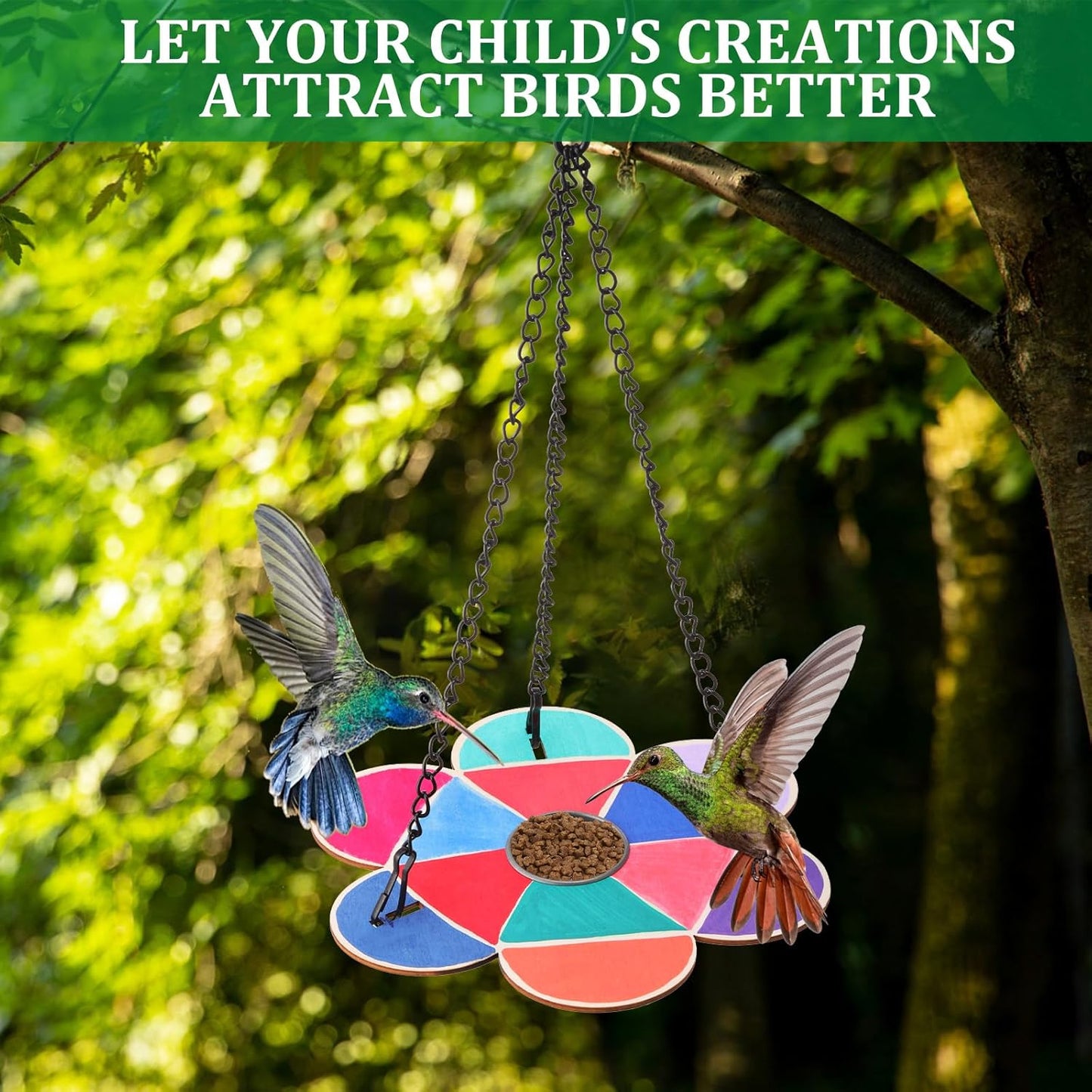 DoubleFill 36 Pack Bird Feeder Craft Kits with Chains for Kids Ages 3-8 Make Your Own Wooden Flower Bird Feeders with Aluminum Bowls DIY to Paint Craft for Garden Outdoor Activities (Flower)