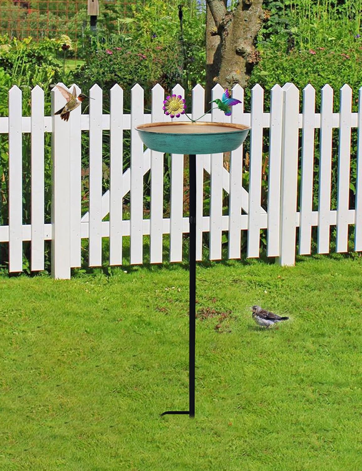 Freestanding Outdoor Bird Bath - 11 Inch Green & Bronze Birdbath Bowl & Feeder with Metal Stake 0.5 Gallon Garden Yard Patio Lawn Decor