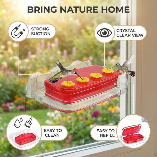 2 Pack Window Hummingbird Feeder,Strong Suction Cup Hummingbird Feeder with 4 Feeding Ports,Built-in Moat,Easy to Clean and Refill Plastic Humming Bird Feeder,Gift for Bird Lovers(10oz, 2 Red)