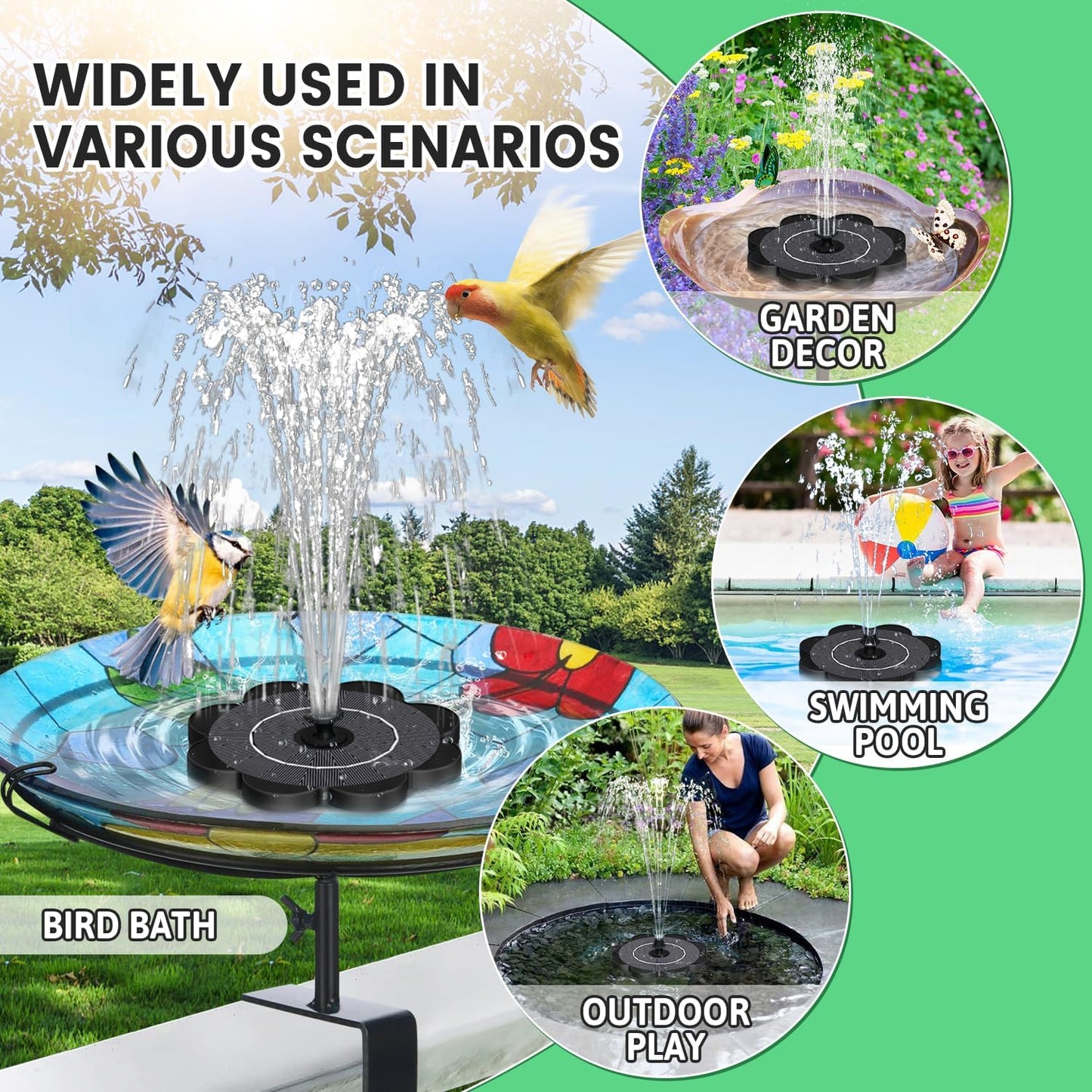 SZMP Solar Water Fountain with Flower Pattern No Battery,Faster Conversion Solar Bird Bath Fountains Glass Solar Panel,Solar Fountain for Bird Bath Garden Small Ponds Outdoor Décor