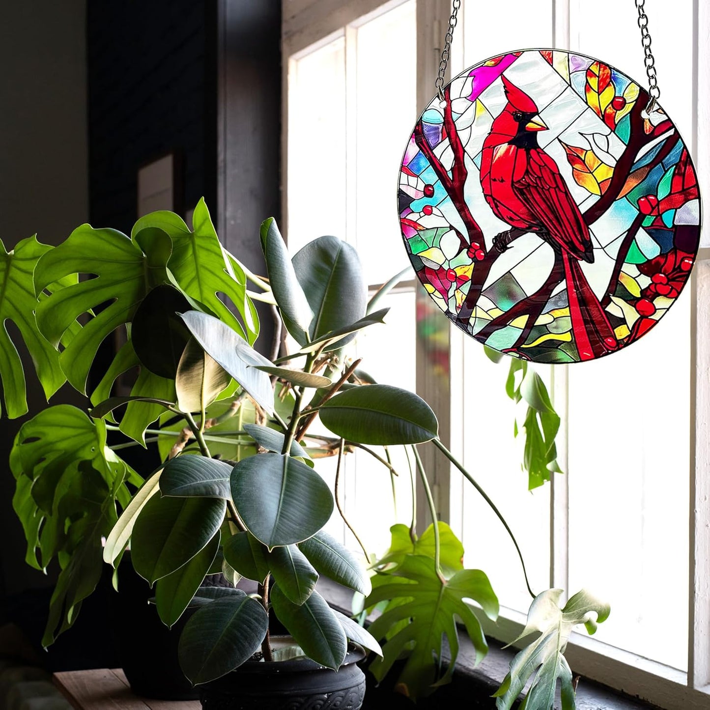 Red Bird Memorial Suncatcher, Memorial Panel Glass Stained Glass Indoor Window Art Wall Decor for Bird Lover.