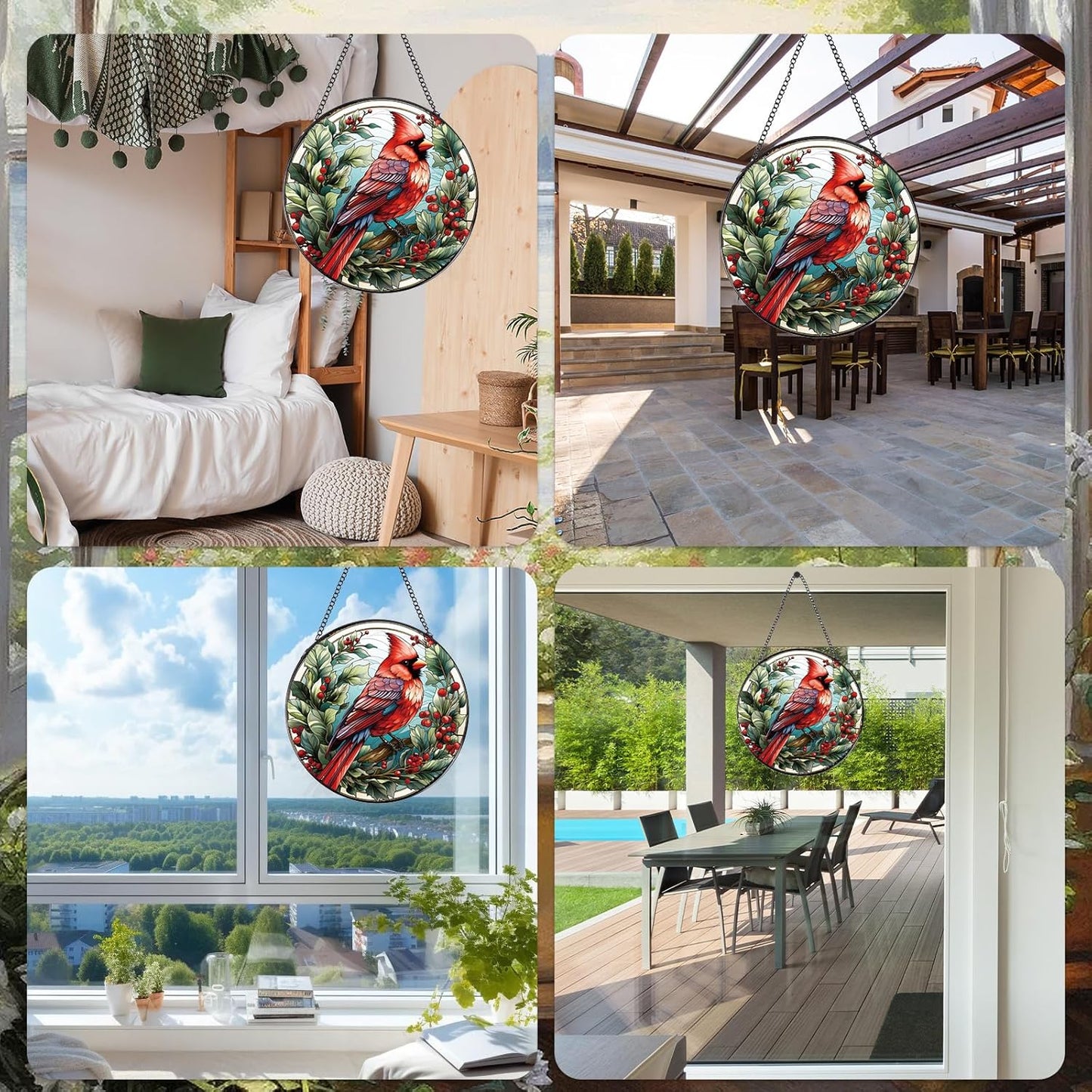 Cardinal Stained Glass Window Hanging Decor, 7.8″ Sun Catchers Stain Glass Window Hanging Indoor, Bird Suncatcher Home Wall Art Gift for Thanksgiving Christmas Housewarming