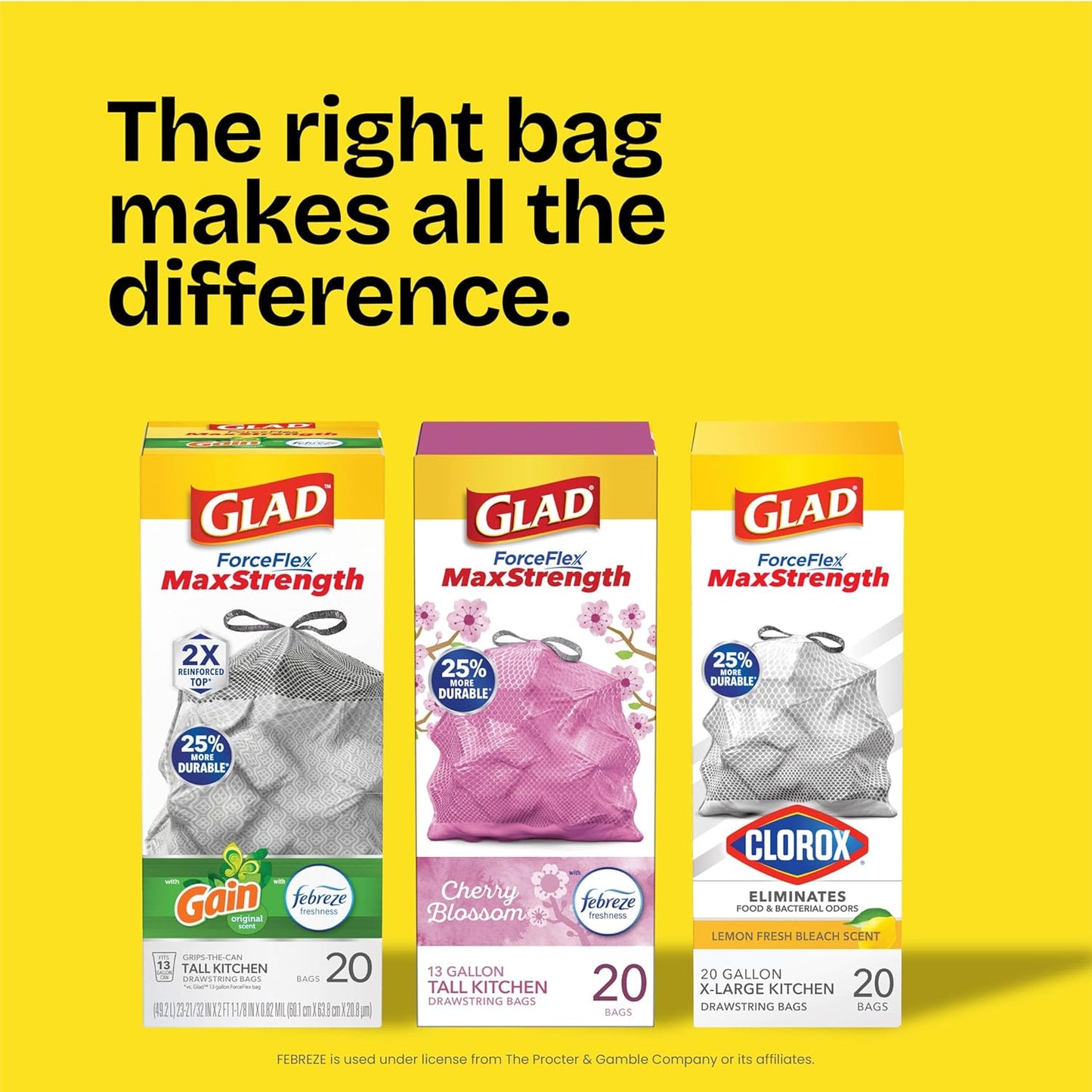 Glad Tall Kitchen Trash Bags 13 Gallon, MaxStrength Cherry Blossom Garbage Bags, Drawstring, 90 Count