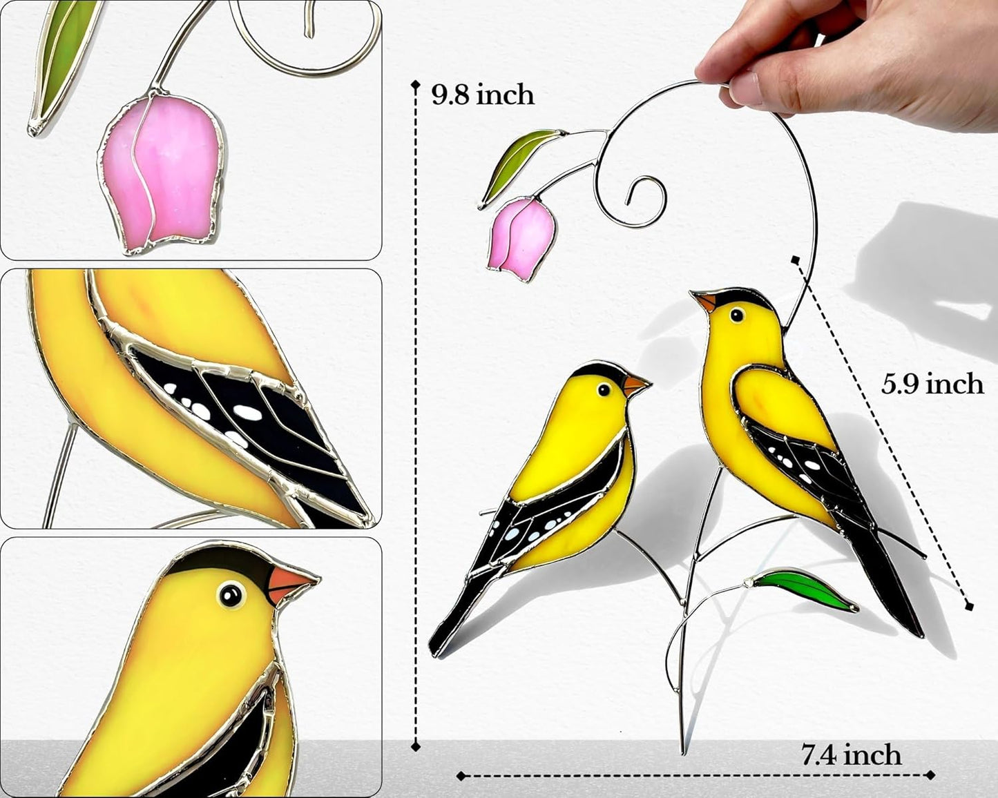 Goldfinch (1 Pair) Stained Glass Birds Suncatcher for Mom, Grandma, Women - Real Glass Window Hanging Ornament - Handmade Bird Lover Home Decor (Gifts Ready Packaging)