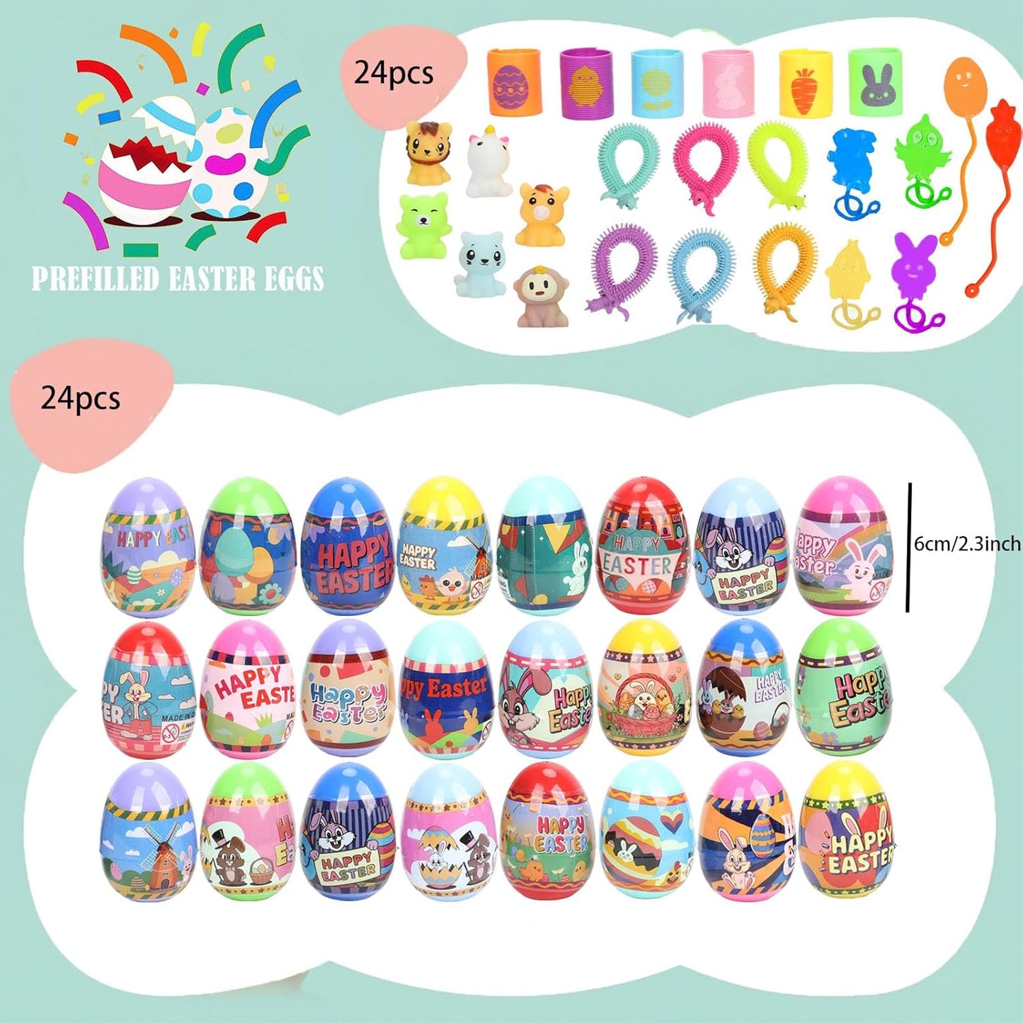 24 Pack Easter Eggs with Toy Inside,Includes Coil Springs,Squishies,Sticky Hands,Stretchy Strings for Easter Basket Stuffers,Party Favors,Egg Hunts