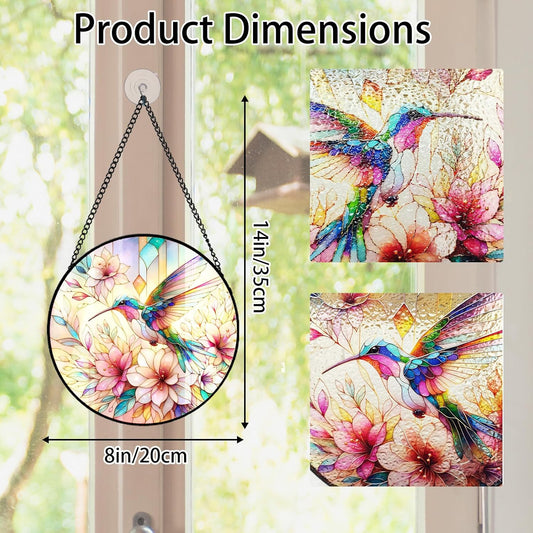 Stained Glass Window Hanging Hummingbird Sun Catchers Indoor Window Vibrant Suncatcher Art Decor Glass Panel for Home, Living Room, Outdoor Garden, Kitchen Island Decor,Office Decorations for Work.