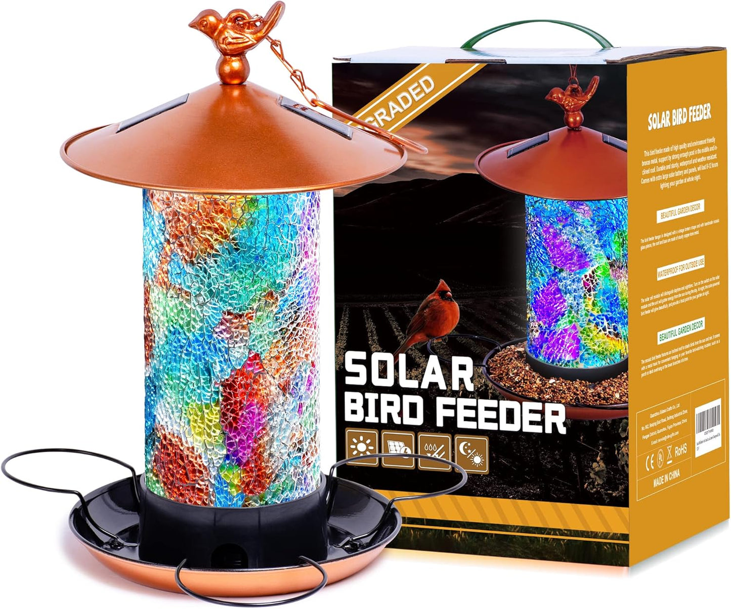 Ottsuls Mosaic Solar Bird Feeder for Outdoors Hanging, Waterproof Lantern Shape with S-Hook & 4 LED Lights, Garden Decor for Lawn, Patio, Balcony, Yard - Unique Gifts for Bird Lovers