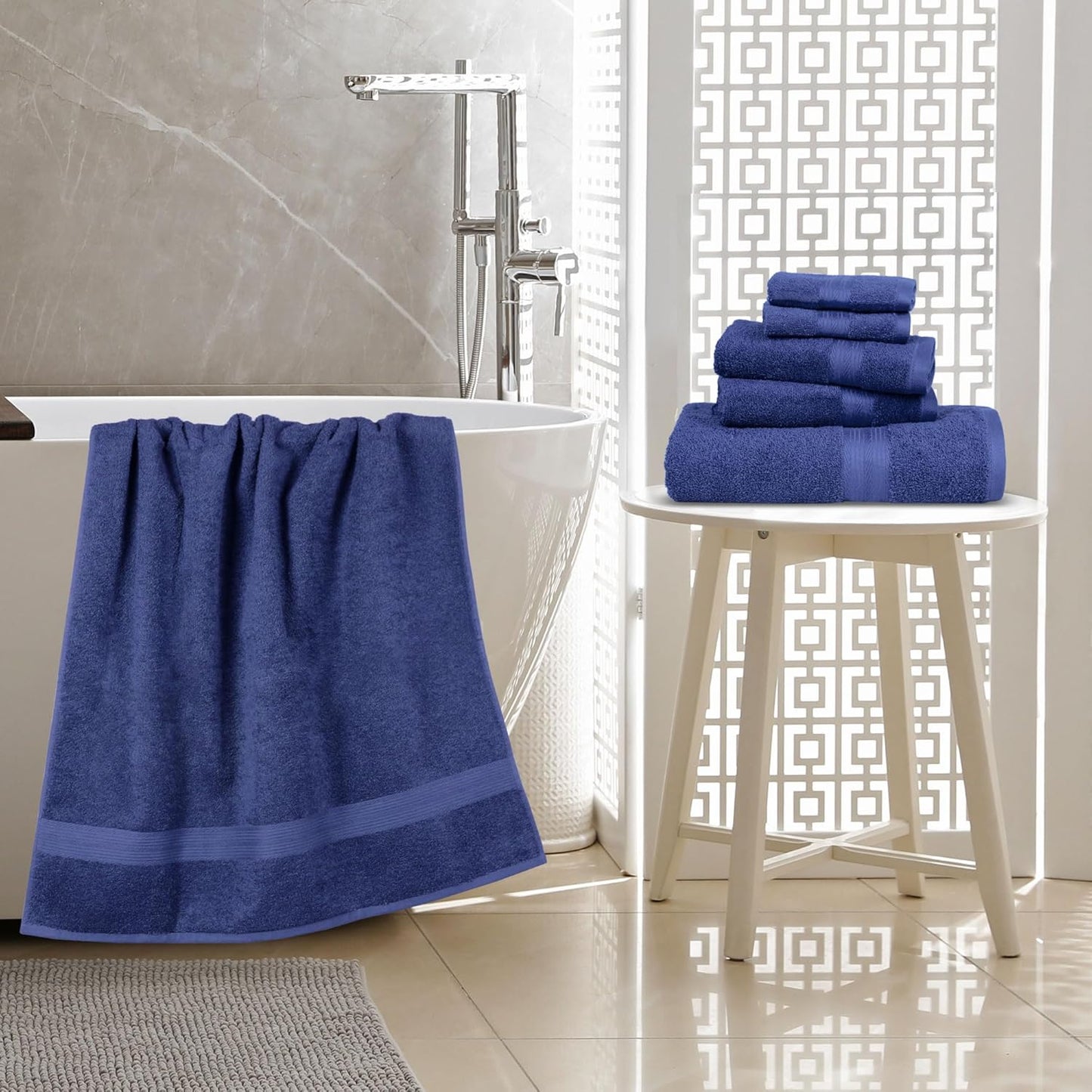Amazon Basics 6-Piece Fade-Resistant 100% Cotton Towel Set, Soft and Absorbent, 2 Bath Towels, 2 Hand Towels, 2 Washcloths, Navy Blue