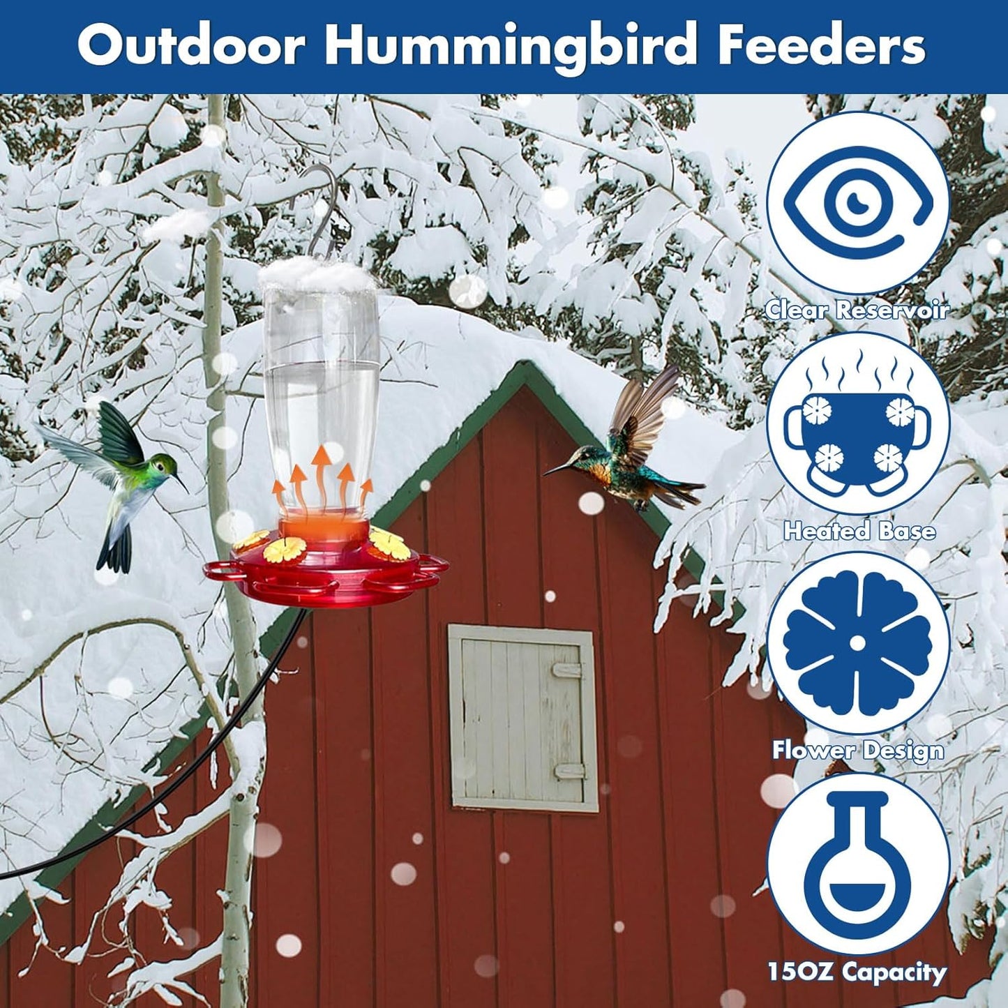 Heated Hummingbird Feeders for Outdoors, 15 Ounces Plastic Heated Hummingbird Feeder for Winter, 2-in-1 Outdoors Hanging & Window Suction Cup Design with 4 Feeding Ports (1 Pack)