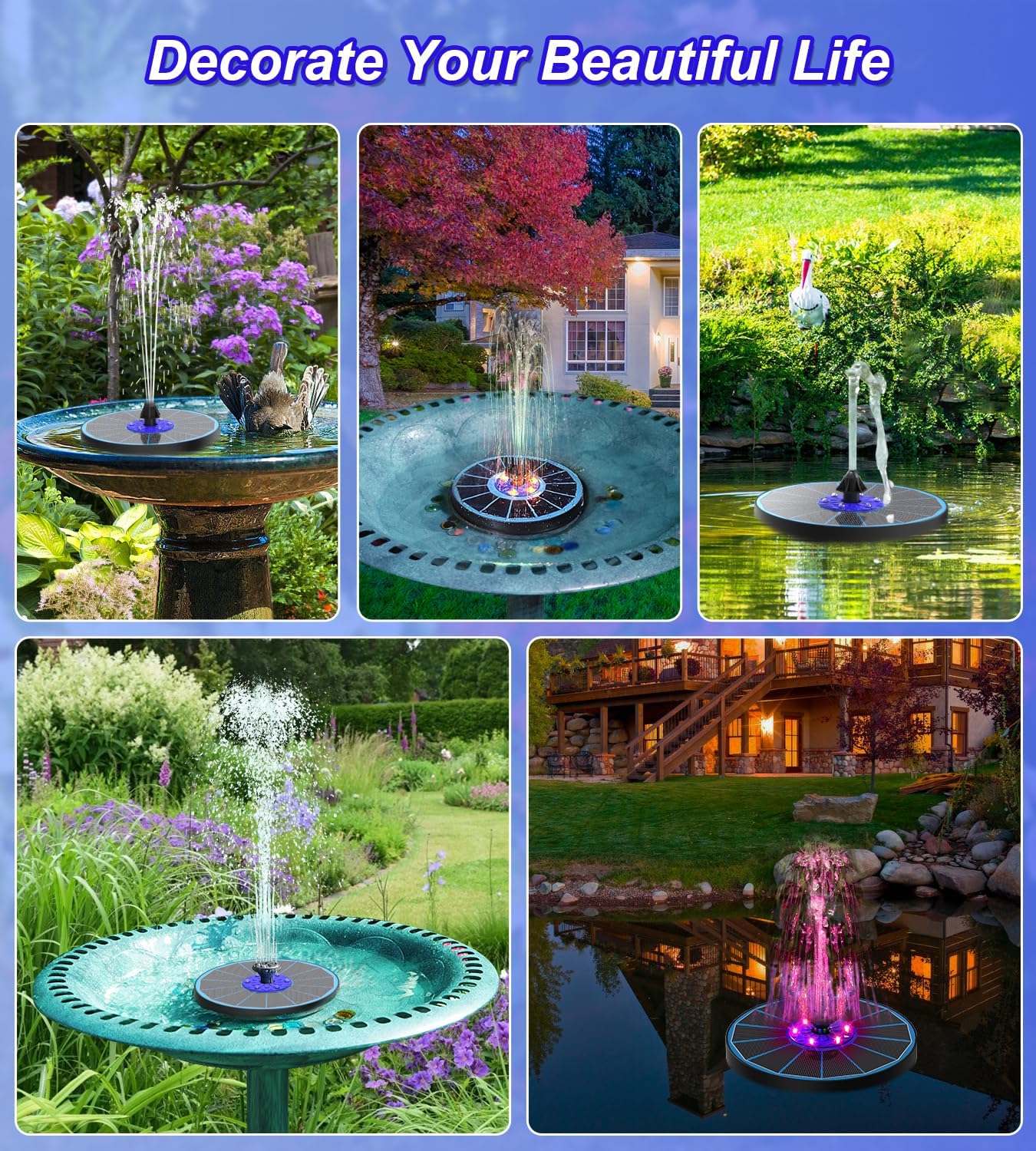 SZMP Solar Fountain Pump 3.5W Bird Bath Fountains with Blue Flower Upgraded Glass Panel, 7 Nozzle & 4 Fixer, Solar Powered Water Fountain for Garden, Pond, Outdoor (Colorful)