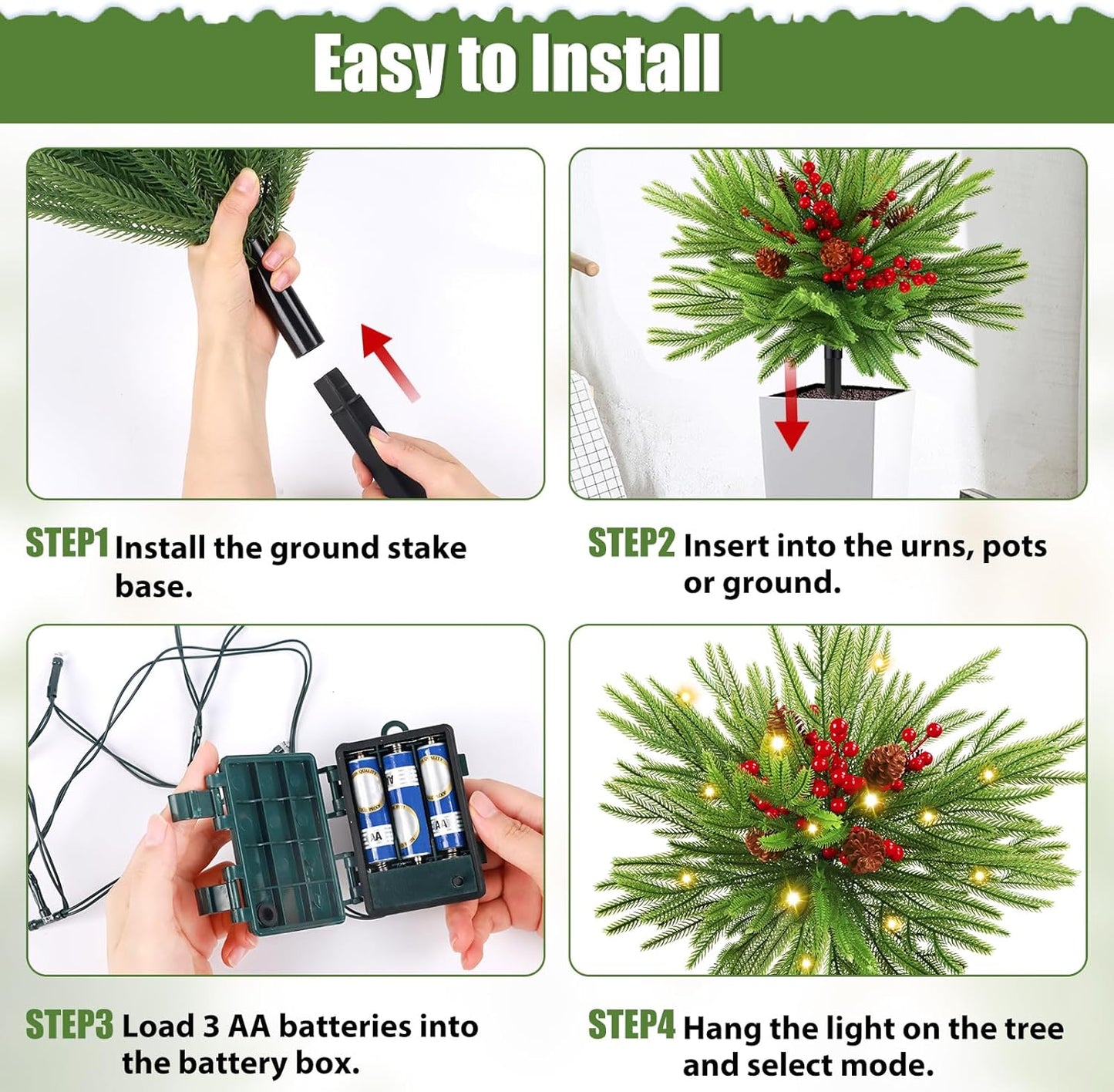2 Pack 24" Artificial Norfolk Pine Christmas Tree Urn Filler with Ligh