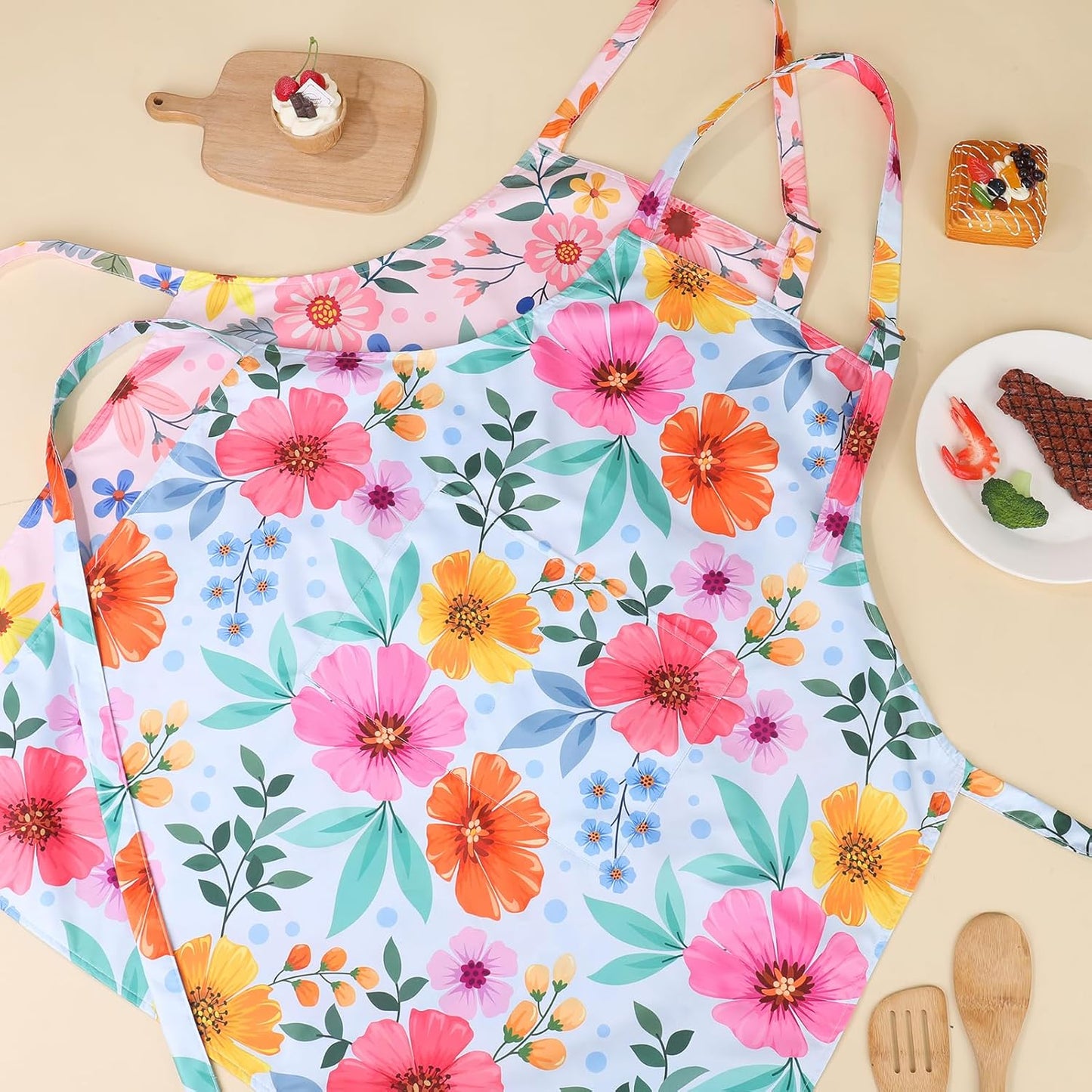 2 Pack Floral Apron for Women with Pockets, Adjustable Kitchen Chef Ap