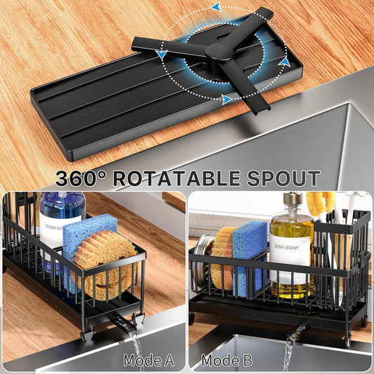Cisily Sponge Holder for Kitchen Sink, Sink Caddy Organizer with High Brush Holder, Kitchen Countertop Organizers and Storage Essentials, Rustproof 304 Stainless Steel (Black, 9.25β³)