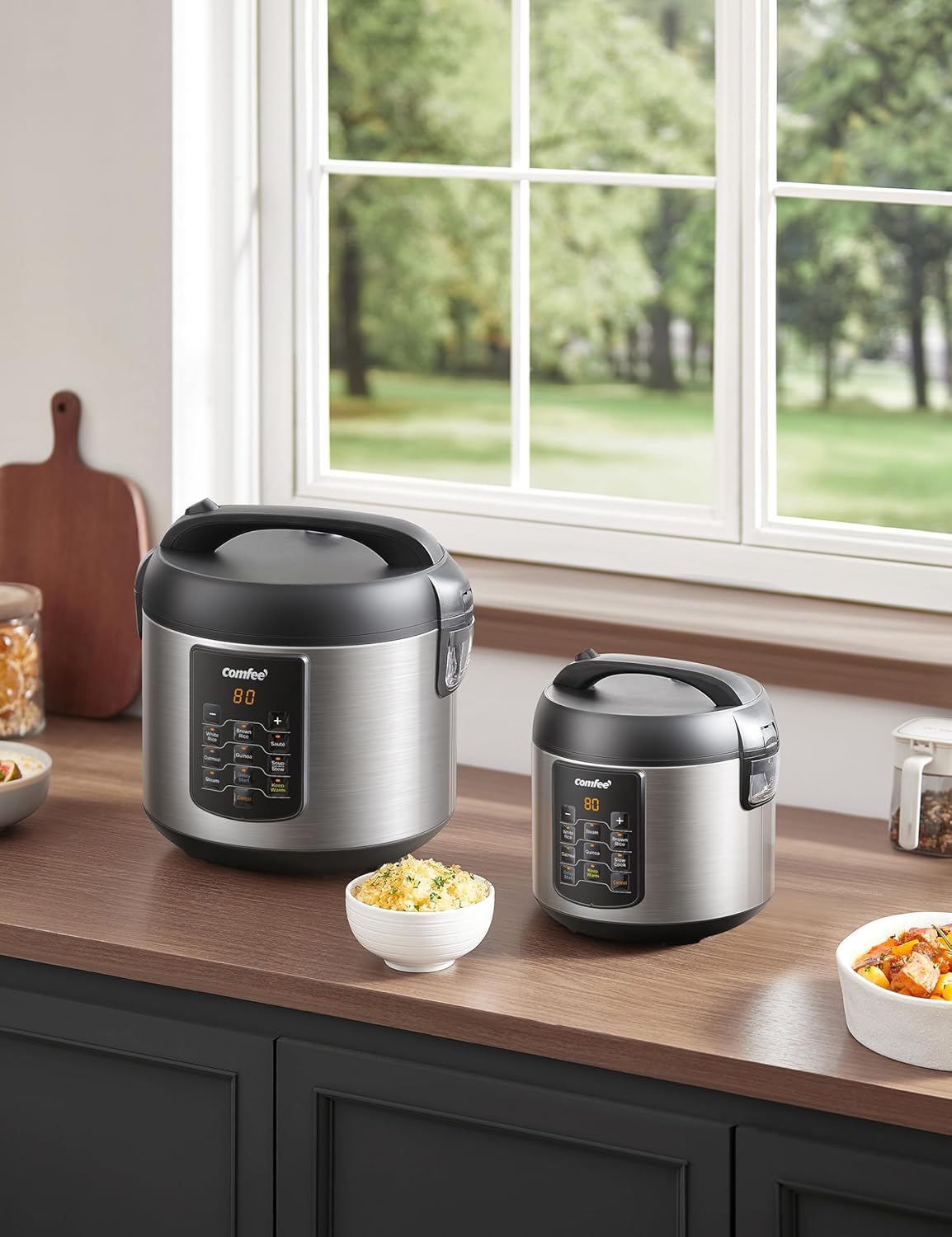 COMFEE' Compact Rice Cooker, 6-in-1 Stainless Steel Multi Cooker, Slow Cooker, Steamer, Saute, and Warmer, 2 QT, 8 Cups Cooked(4 Cups Uncooked), Brown Rice, Quinoa and Oatmeal, 6 One-Touch Programs, Corded Electric