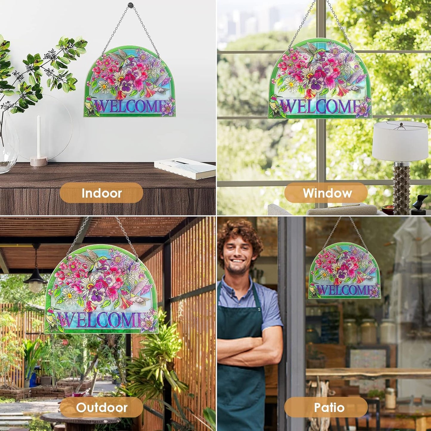 Hummingbird Stained Glass Suncatchers - Welcome Hummingbird Suncatcher, Vibrant Flowers Window Hanging, 7.8''*6.5'', Stained Glass Birds with Suction Cup, Mom Gift