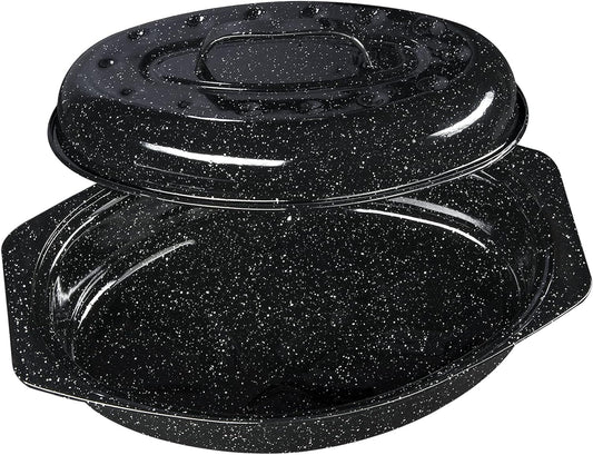 Granite Ware 13-inch oval roaster with Lid. Enameled steel design to accommodate up to 7 lb poultry/roast. Resists up to 932Β°F. Ideal for preparing meals for two!