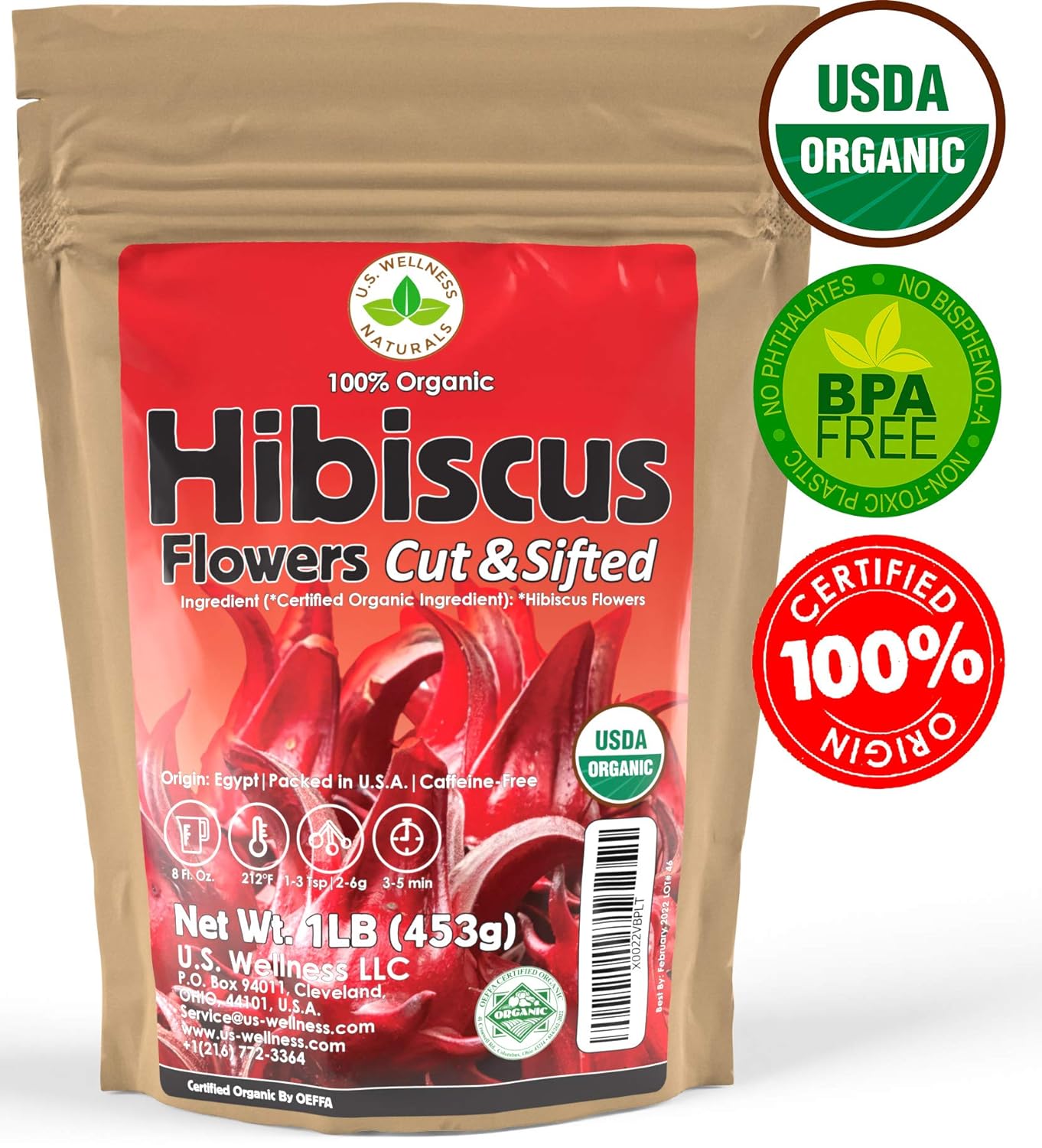 Hibiscus Tea 1LB (16Oz) 100% CERTIFIED Organic Hibiscus Flowers Herbal