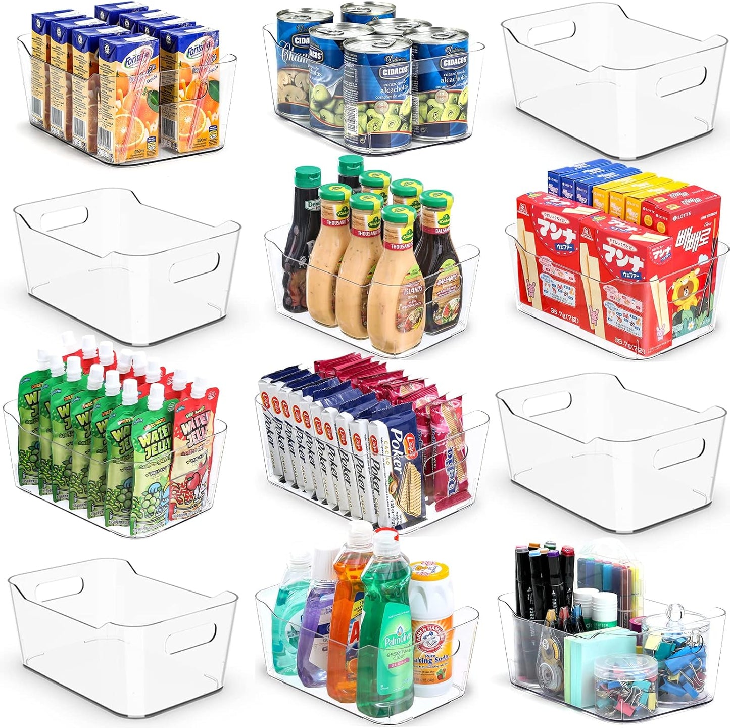12 PACK Multi-Use Clear Plastic Storage Bins for Organizing w/ Labels
