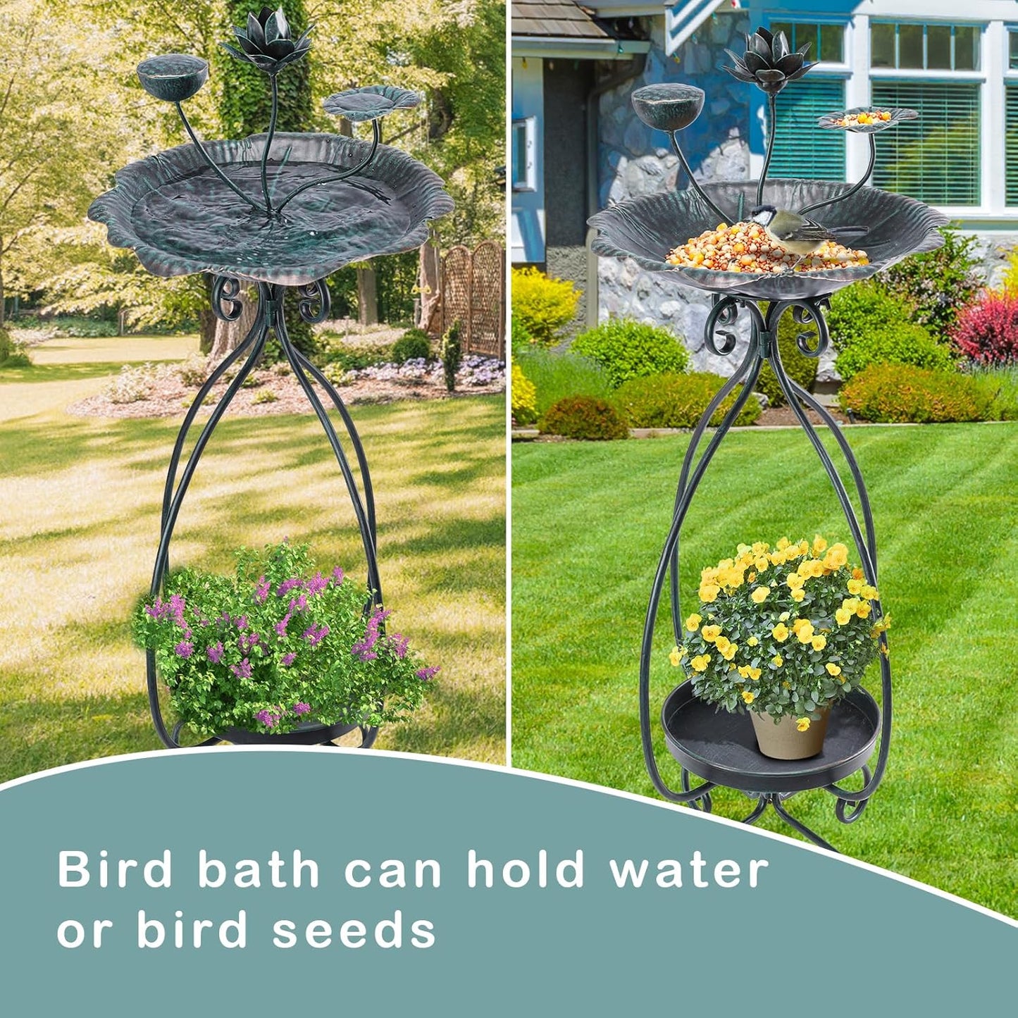 VCUTEKA Bird Bath with Flower Planter Pedestal, birdbath for Outdoors with Lotus, 33" Height Vintage Bird Baths for Garden Yard Patio Lawn Decor