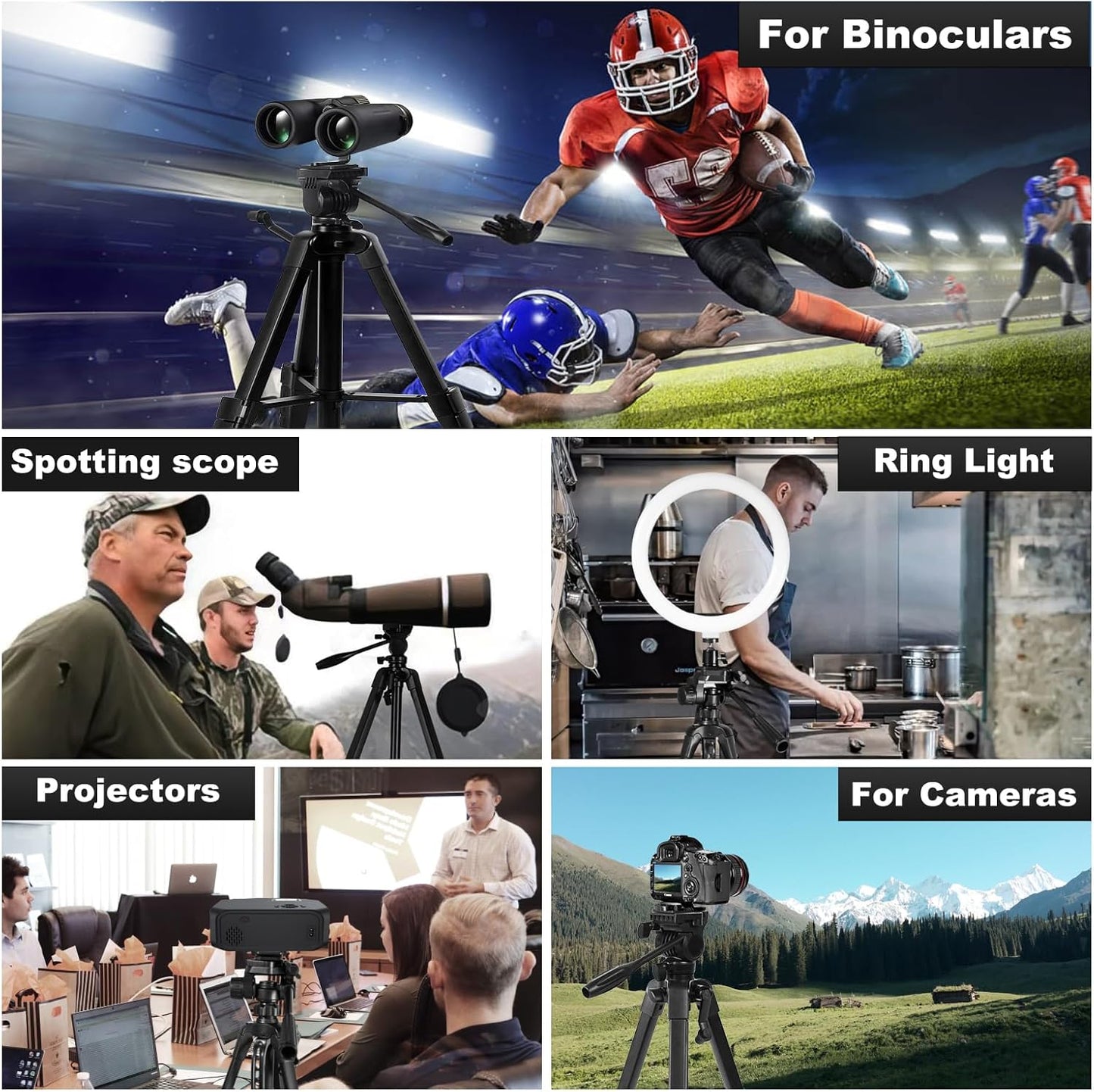 Binocular Tripod, Spotting Scope Tripod Stand with Binocular Adapter and 2 QR Plates, Travel Camera Stand, Compatible with Binoculars/Spotting Scope/Camera/Telescope/Astronomy Binoculars/DSLR