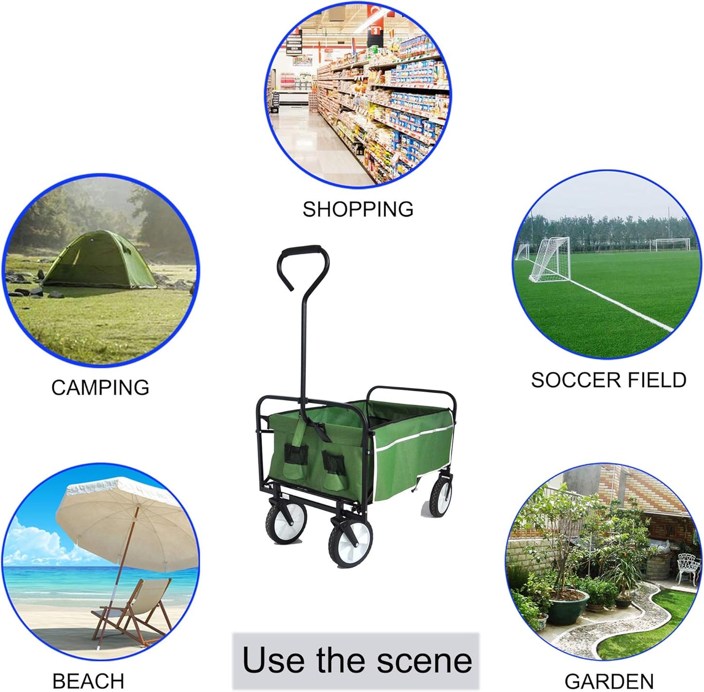 Folding Wagon Cart Collapsible Outdoor Utility Wagon with All Terrain Wheels Beach Wagon,Shopping Cart Camping Wagon Heavy Duty Steel for Beach Camping Shopping Sports Portable (Blue4) (Green)
