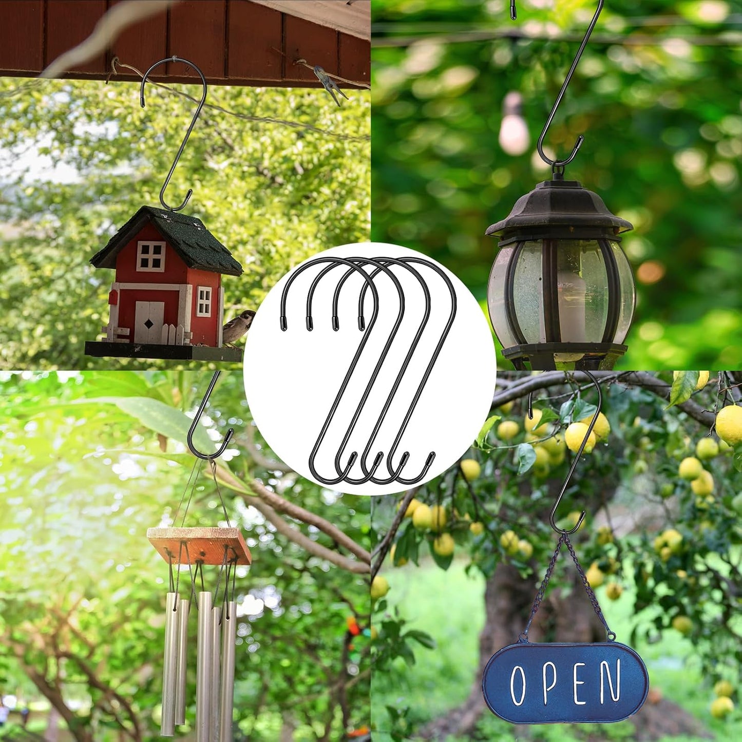 4 Pack 14 Inch Tree Branch Hooks, Extra Large S Hooks for Bird Feeder, Heavy Duty Long S Hook for Hanging Plants, Basket, Lanterns, Patio,Indoor Outdoor Uses(Black)