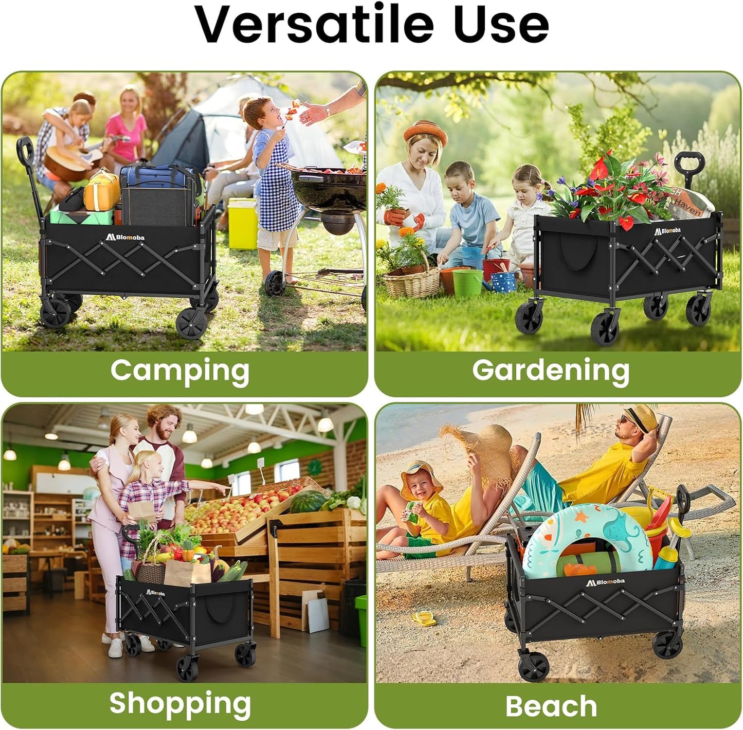 Collapsible Wagon with Wheels, 220 lbs Wagons Carts Foldable Wagon Cart with Flexible Handle, Lightweight Portable Folding Utility Grocery Shopping Cart for Grocery Sports Garden Camping