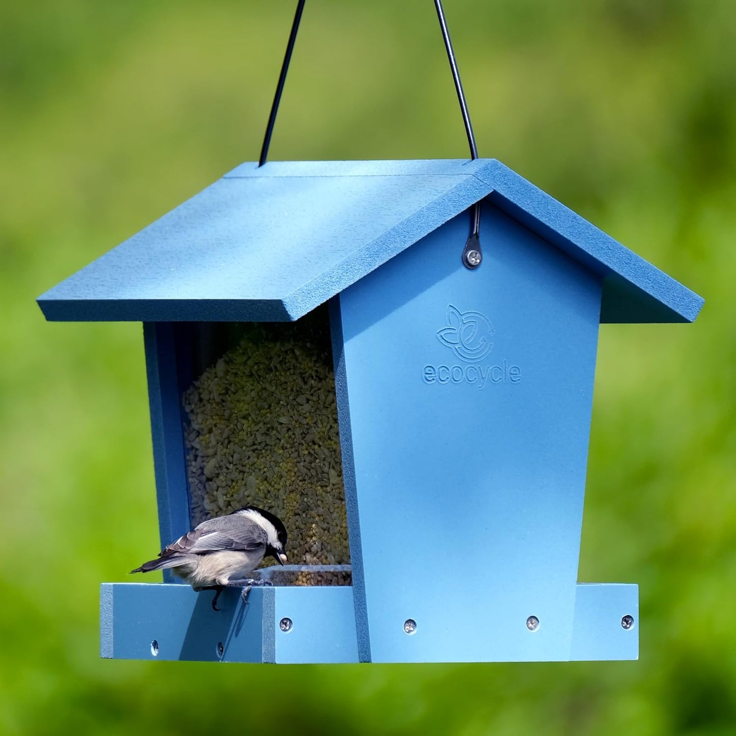 Bird Banquet Recycled Plastic Hopper Bird Feeder with Fresh Seed Tray for Wild Birds and Outdoor Décor, 2.15 Quart Capacity, Blue