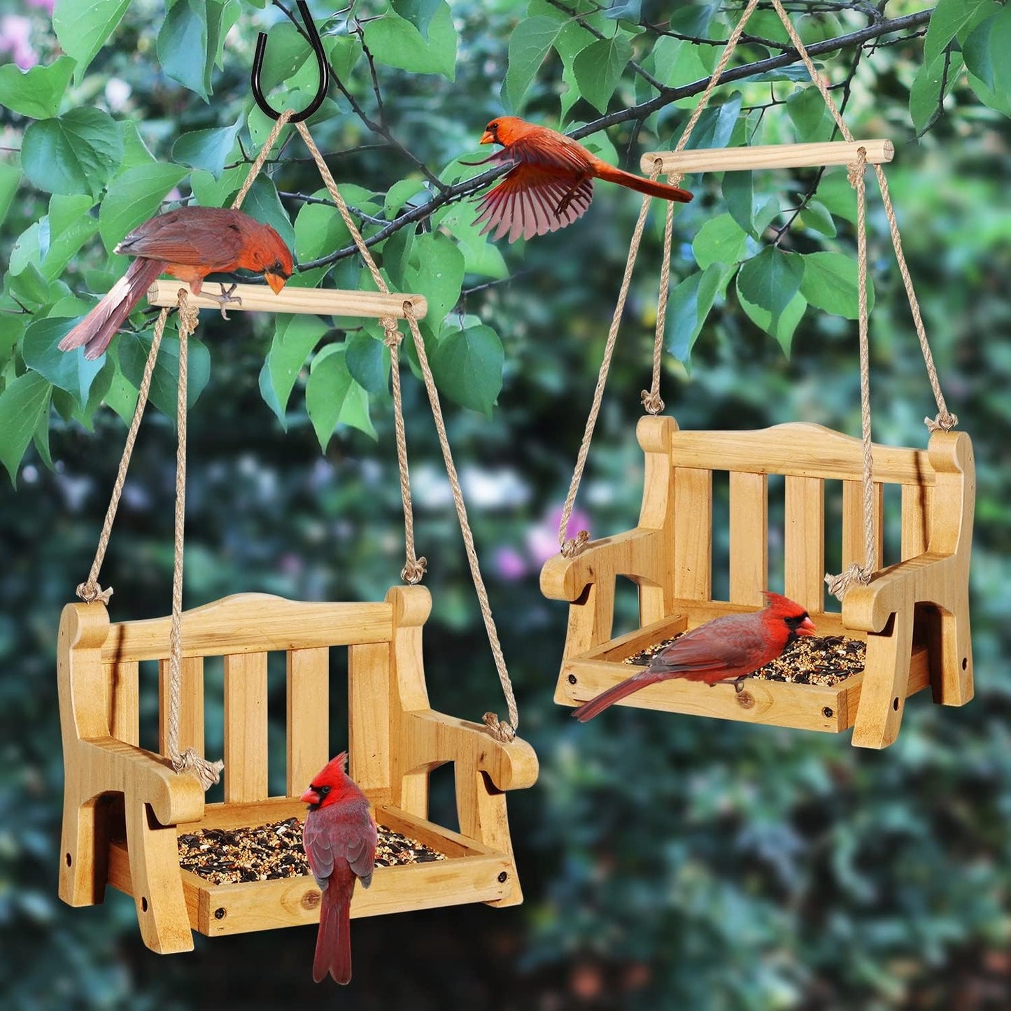 2pk Cedar Swing Birdfeeder,Traditional Regency Seat Style, Solid Wood Hand Curve Cutting, Rustic Proof Metal Mesh Tray, Bird Feeder for Outside, BJD Dolls Swing