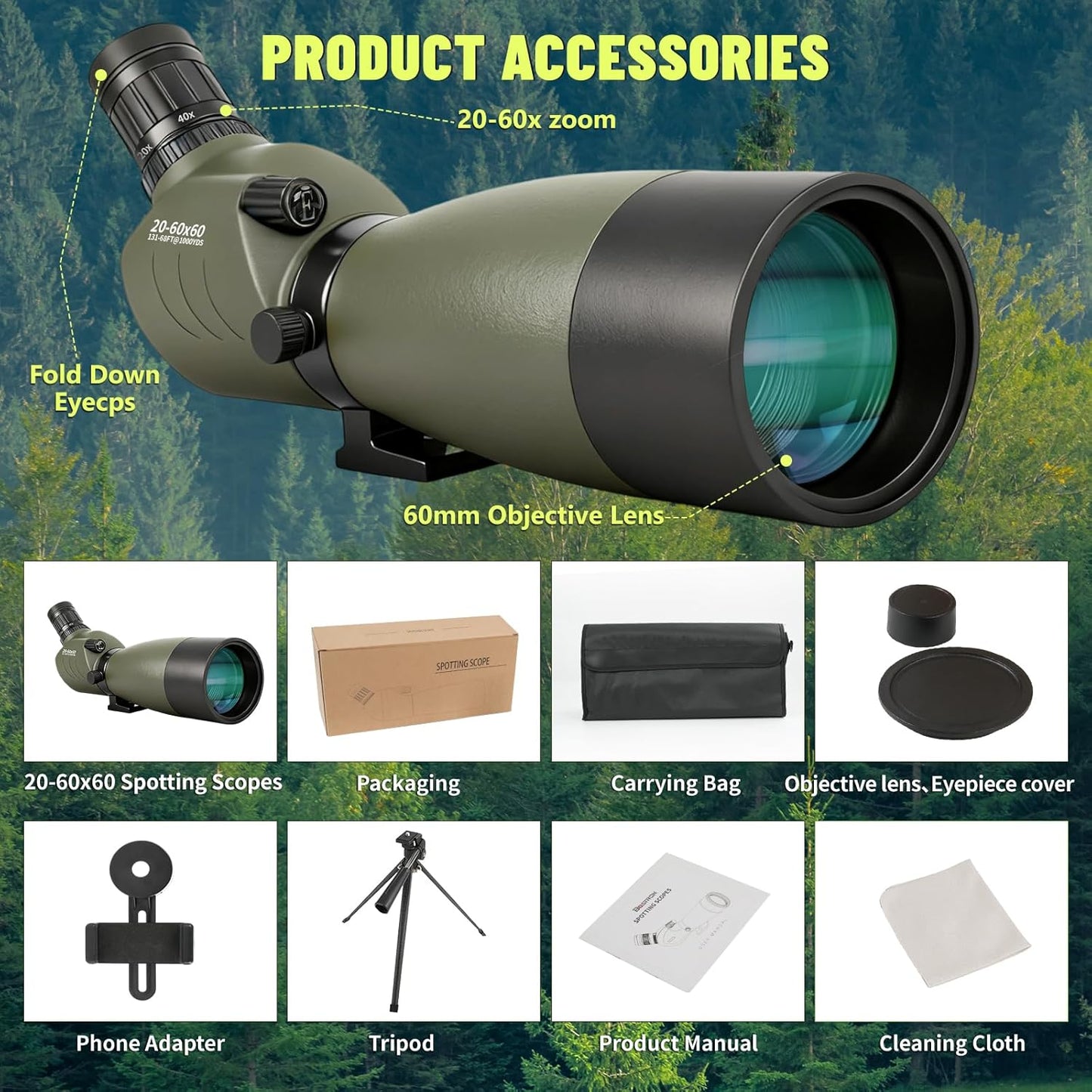 20-60x60 Spotting Scope, IPX7 Floating Waterproof Spotting Scopes for Target Shooting with Tripod BAK4 Prism & FMC Lens, Spotter Scope for Birding Wildlife Viewing, Phone Adapter Carrying Bag, Green