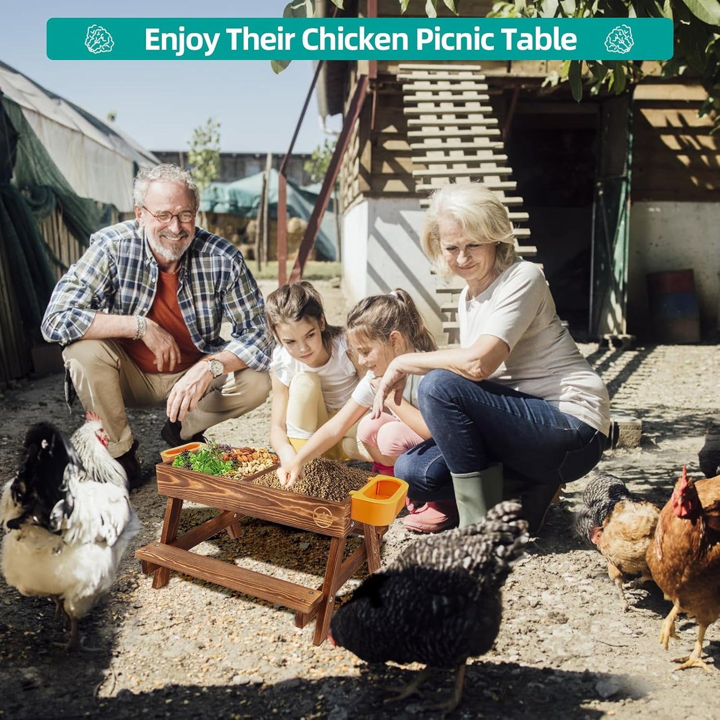 Chicken Picnic Table, Chicken Feeder No Waste Handmade Carbonized Wooden, Large DIY Chicken Feeder Kit, Wild Bird, Duck & Squirrel Feeders, Mesh Bottom Keep Food Fresh and Dry Easy to Clean and Fill