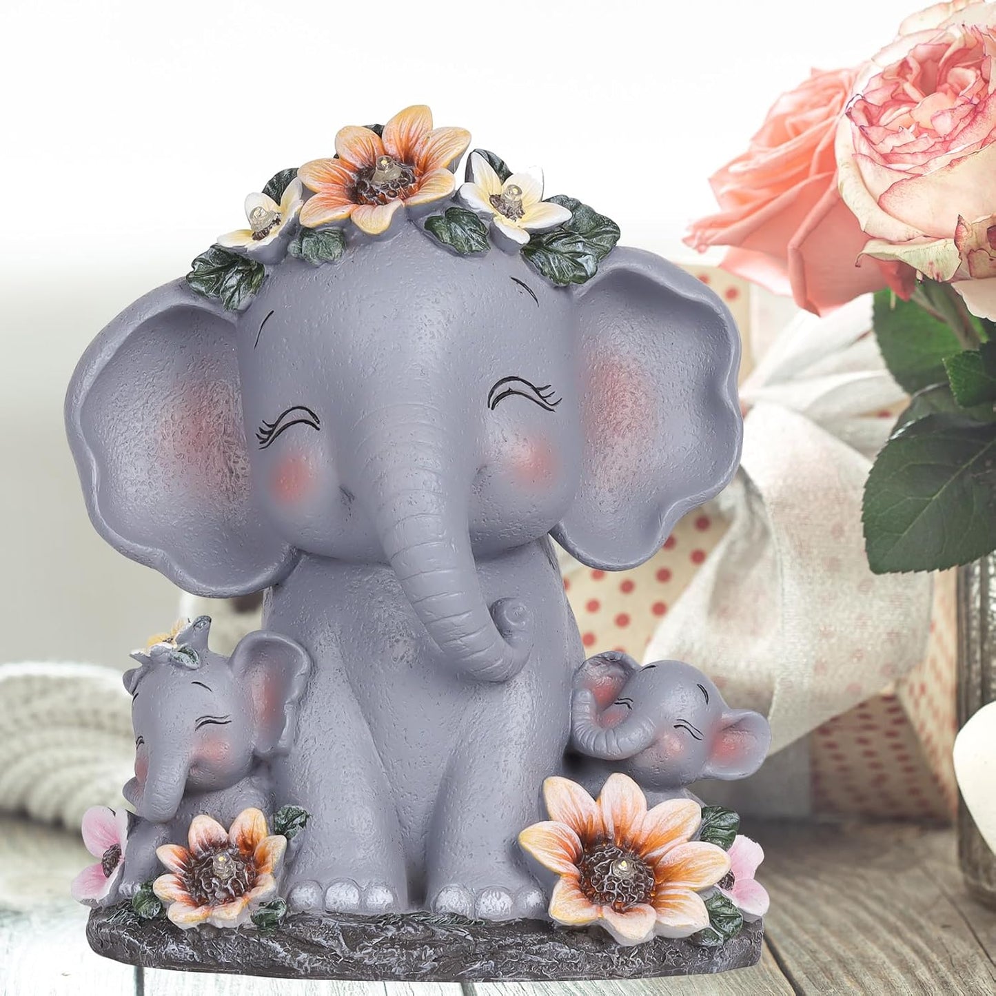 Christmas Garden Gifts for Mom Women Elephant Solar Statues Christmas Patio Décor Grandma Outdoor Sculptures for Lawn Balcony Yard House Warming Gifts New Home Mothers Day