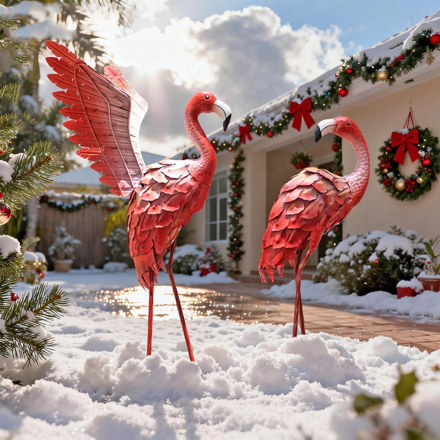 Natelf Flamingos Garden Statues Small Outdoor Decor, Set of 2 Metal Yard Art with Spread & Folded Wings, Weather-Resistant Pink Flamingo Lawn Sculpture for Patio, Backyard - Gift for Women, Mom