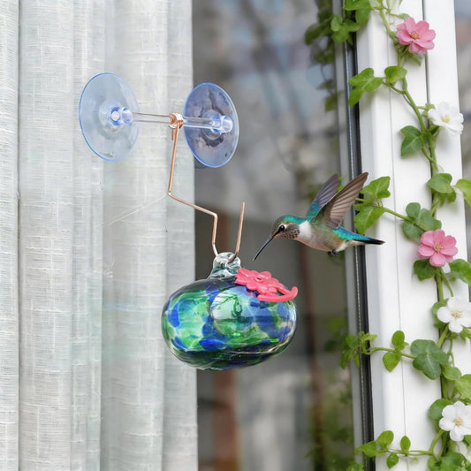 QFkris Blown Glass Hummingbird Feeder with Suction Cups for Window, Sm