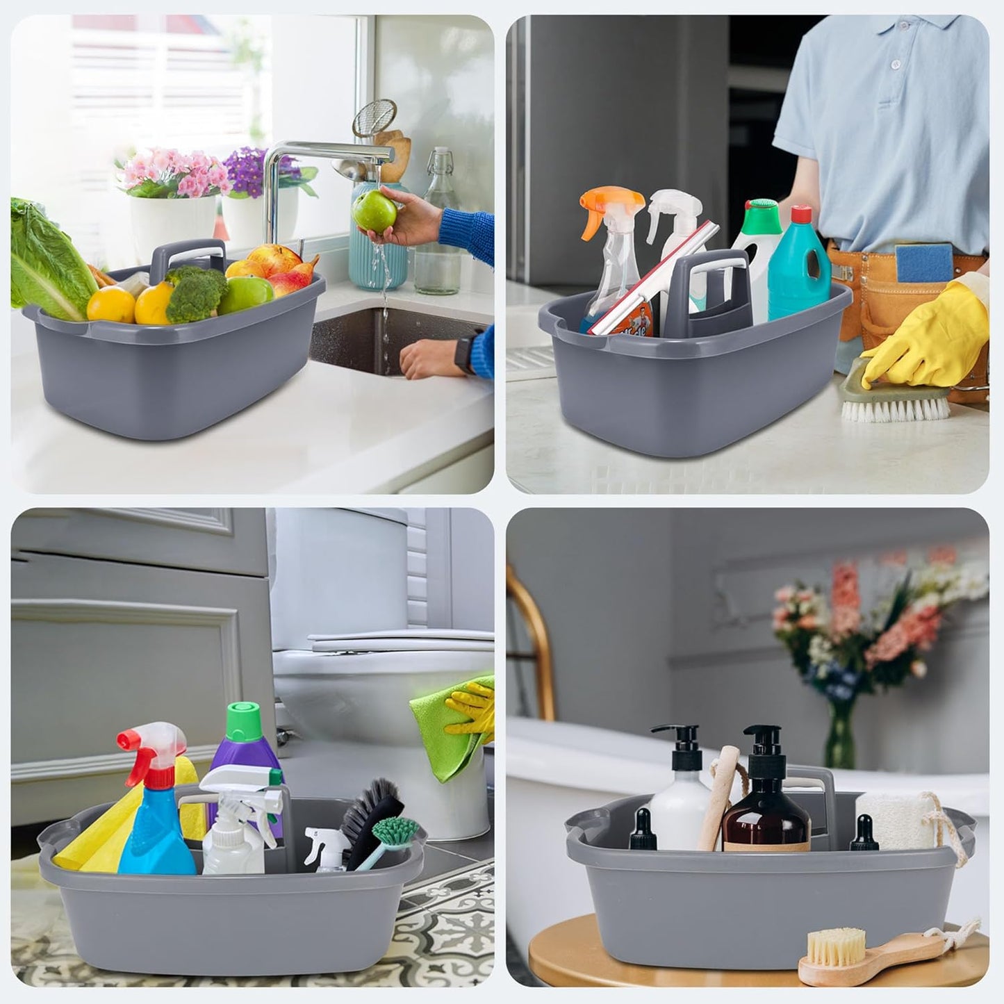 2 Pack Large Cleaning Supplies Caddy Organizer, Portable Shower Caddy Plastic Basket with Handle, Stackable Tool Storage for Bathroom, Garden, Kitchen, Home Organization, Grey
