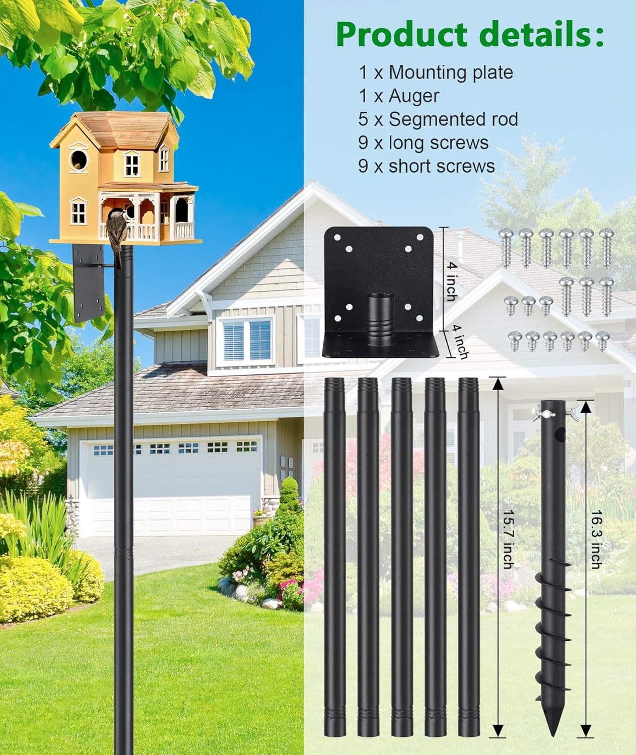 Heavy Duty Bird Feeder Pole - 73 Inch Adjustable 1 Inch Metal Bird House Pole with 14” Deep Auger Base | Outdoor Mount Kit for Bluebird Houses, Hummingbird Feeders, Smart Bird Feeder with Camera