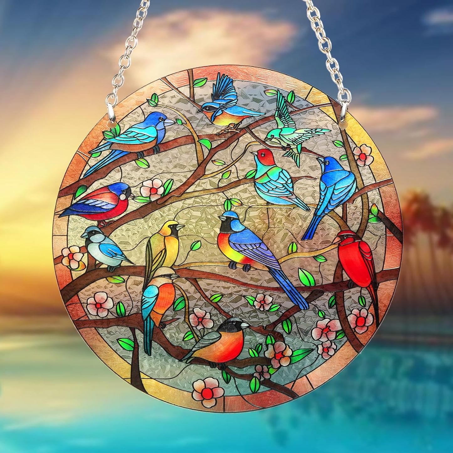 Stained Glass Window Hanging Suncatcher – Hand-Drawn Cardinal & Hummingbird Panel, Round Glass Ornament, Birds on a Branch Nature Decor, Colorful Gift for Bird Lovers, Family, and Friends (6 inch)