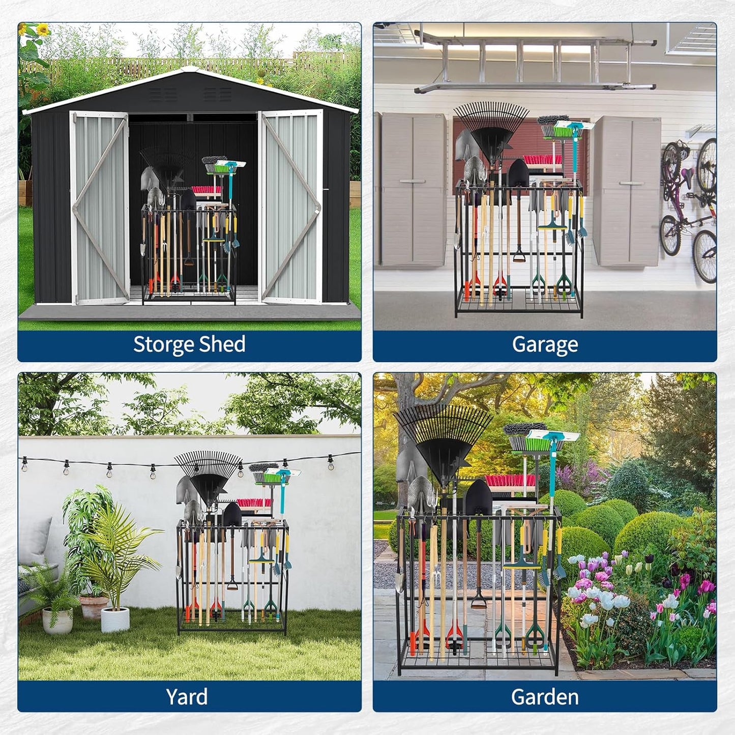 Garden Tool Organizer 2 Tier Yard Storage Rack With14 Hooks,Heavy Duty Holder With 43 Long-Handled Slots,Freestanding Tool Organizers and Storage for Yard Shed and Lawn